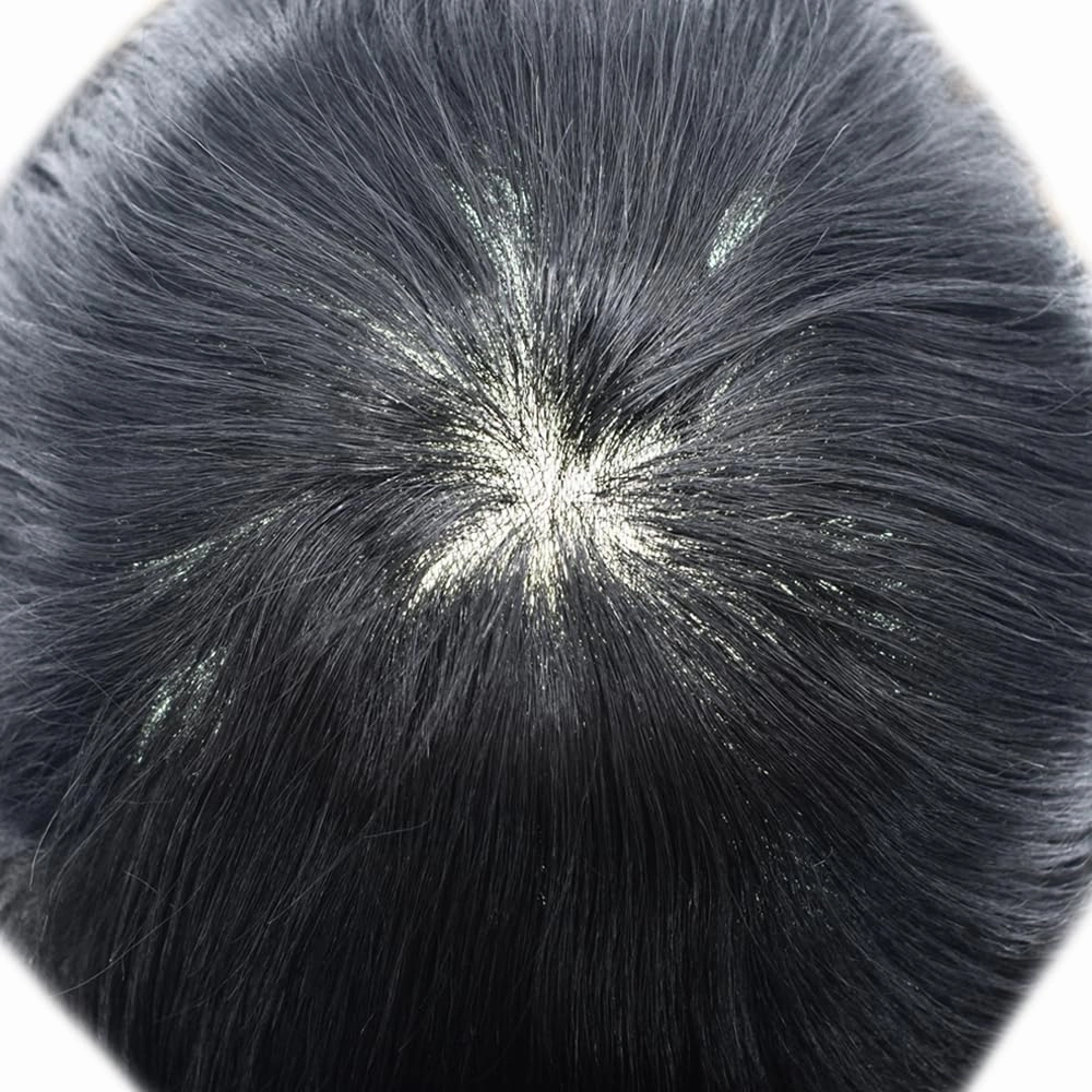 RESHE Mens Hair System Ultra Thin Skin Toupee For Men Transparent Super Thin Poly V-Looped Hair Piece For Men Toupee Protesis Capilar Para Hombre8x10#1 JET BLACK 90% Light density