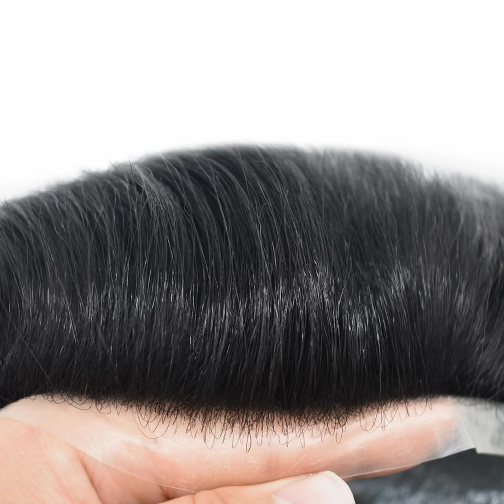 RESHE Mens Hair System Ultra Thin Skin Toupee For Men Transparent Super Thin Poly V-Looped Hair Piece For Men Toupee Protesis Capilar Para Hombre8x10#1 JET BLACK 90% Light density