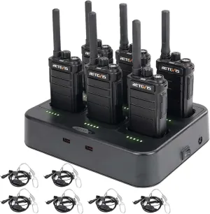Retevis RB26 Walkie Talkies with Earpiece Set, GMRS Radio, Two Way Radio Long Range, 2000mAh Battery, Six Way Multi-Unit Charger, Repeater Capable, 2 Way Radio for School Manufacture Security (6 Pack)