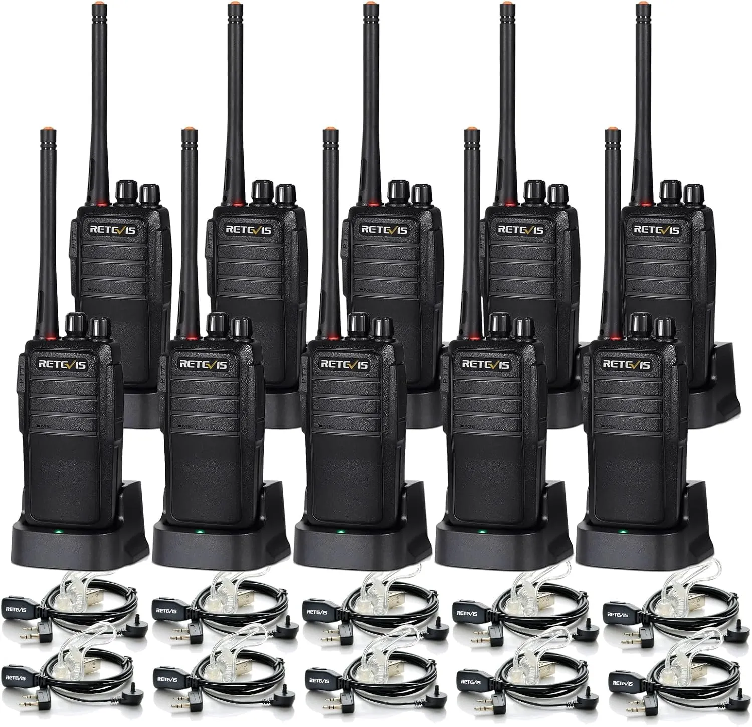 Retevis RT21 Updated 3000mAh Rechargeable Walkie Talkies,2 Way Radio Long Range,Portable and Durable,Emergency Alarm,Walkie Talkies with Earpiece and Mic Set(10 Pack)