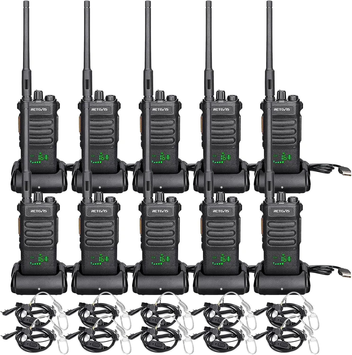 Retevis RT86 Bulk Walkie Talkies for Adult with Earpiece, High Power Two Way Radios Long Range, Business/Professional,Heavy Duty 2 Way Radios Rechargeable, for Industry Construction Logistics(10 Pack)