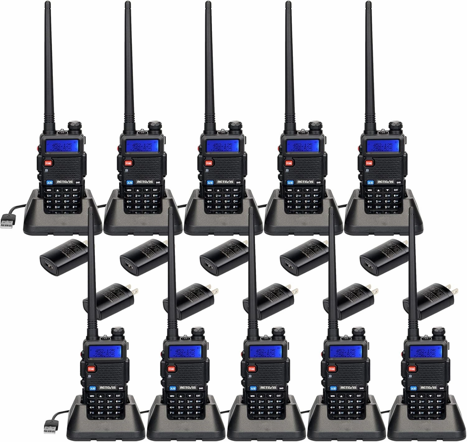 Retevis RT-5R Two Way Radio Handheld Rechargeable, Dual Band VOX 128CH 2-Way Radios Long Range High Power, Falshlight and Emergency Alarm Walkie Talkies for School, Church Security, Farm(10 Pack)