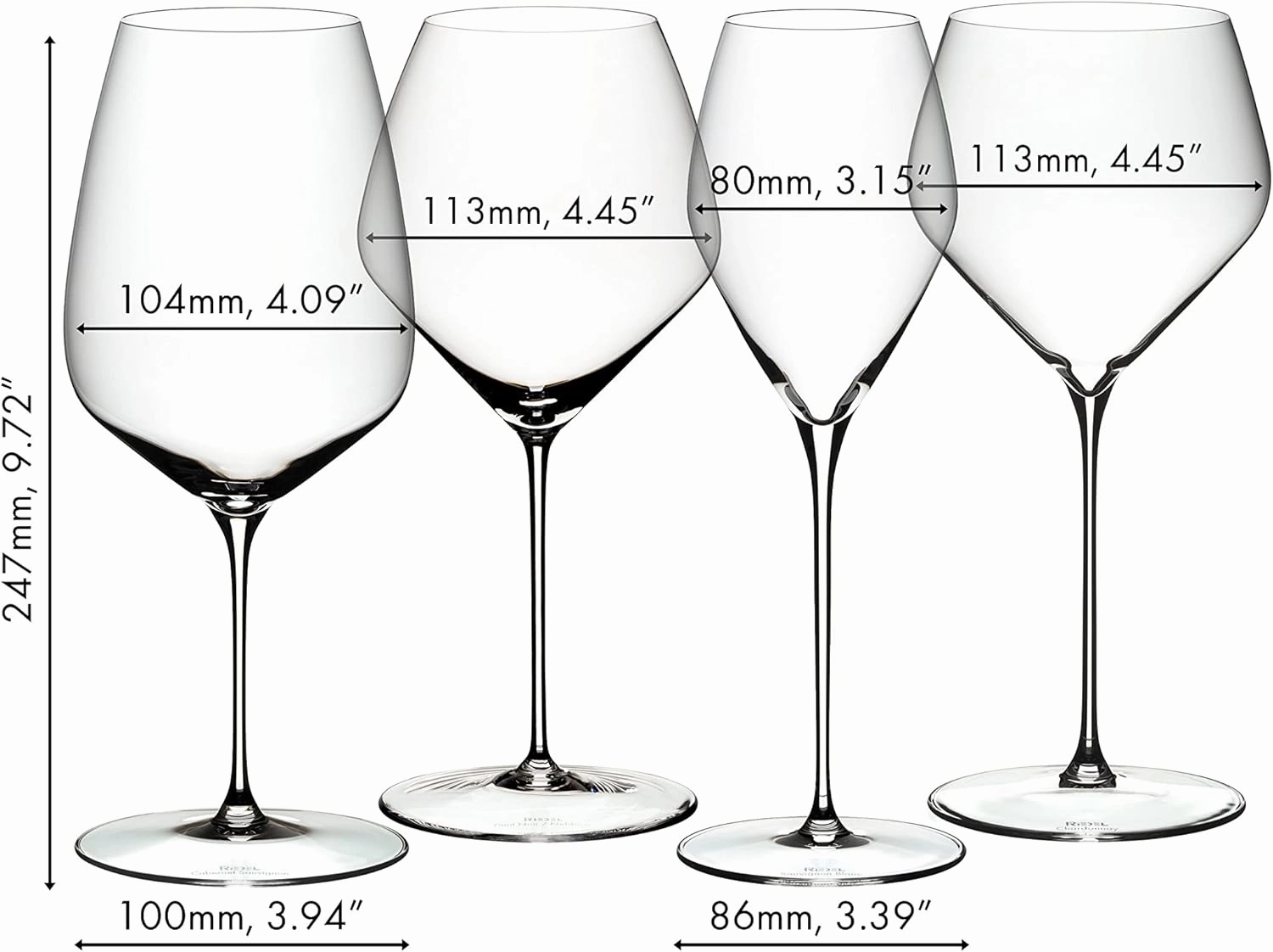 Riedel Veloce Tasting Set, Wine Glasses, 4 Pack – Cabernet, Pinot Noir, Sauvignon Blanc, Chardonnay - Dishwasher Safe, Crystal Glass - 5330/47