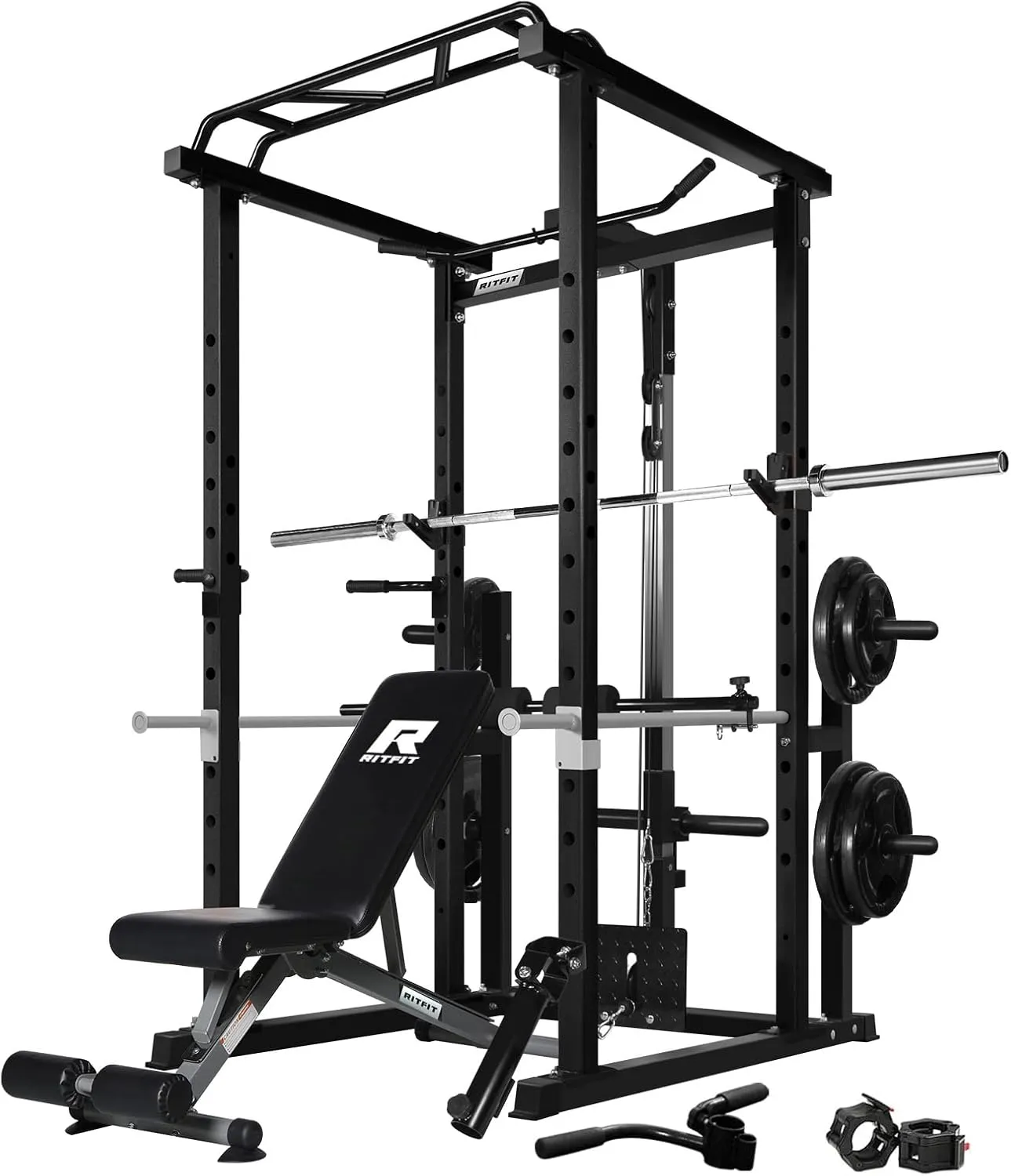 RitFit Power Cage with Optional LAT PullDown/Cable Crossover, 1000LB Squat Rack for Home & Garage Gym, with Weight Storage Rack and More Training Attachments, ASTM-Certified