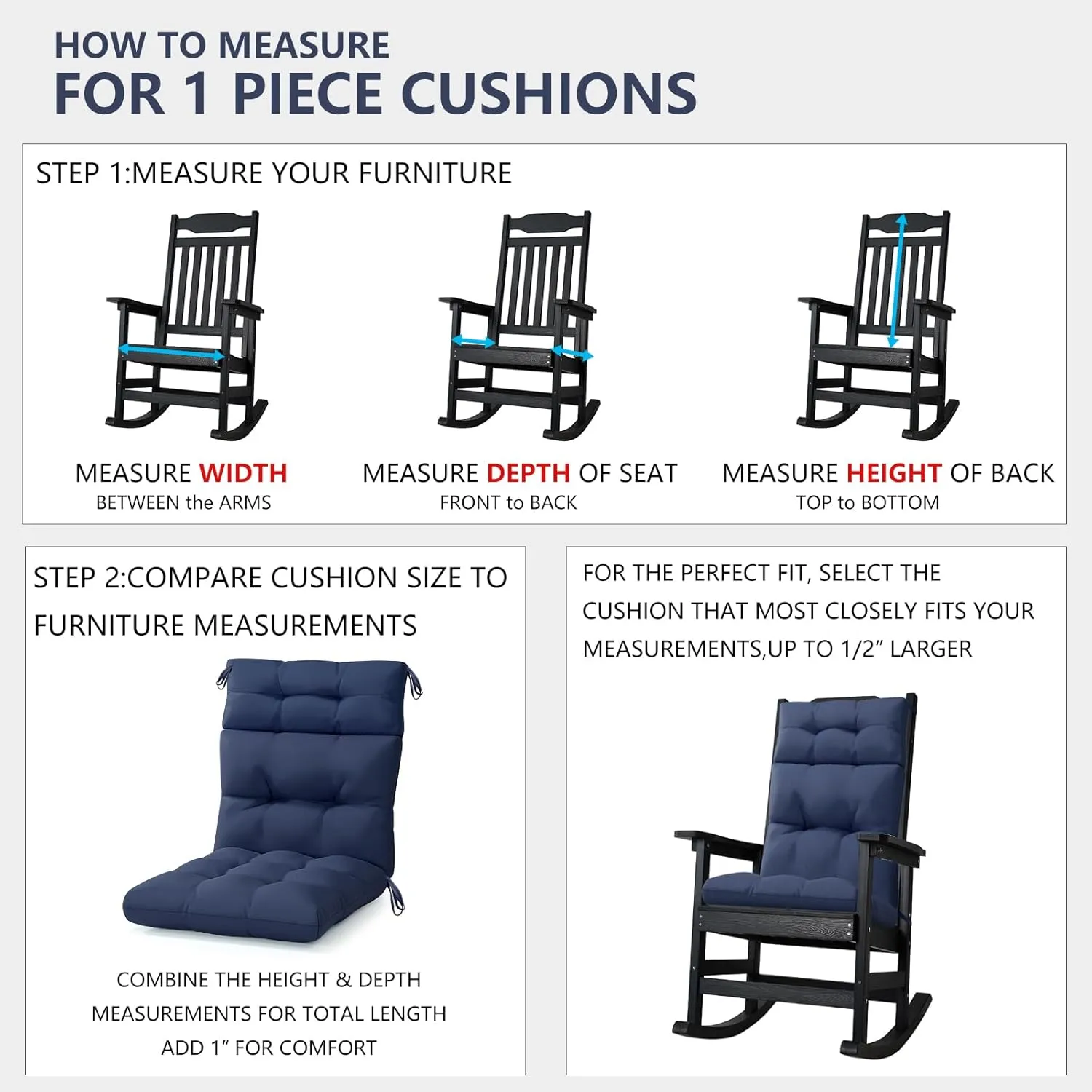 Rocking Chair Cushion Tufted Adirondack Chair Cushion Non-Slip High Back Patio Chair Cushions Water-Resistant UV-Proof Navy Blue Indoor & Outdoor Furniture Cushions for Chair