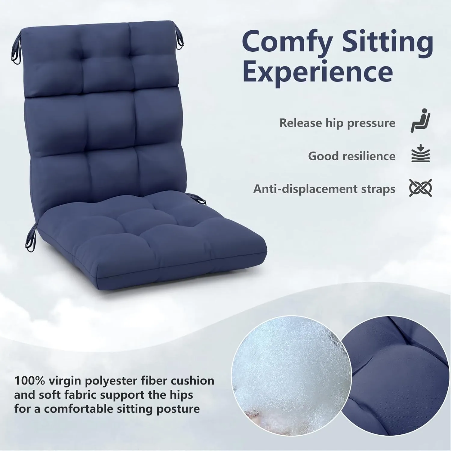 Rocking Chair Cushion Tufted Adirondack Chair Cushion Non-Slip High Back Patio Chair Cushions Water-Resistant UV-Proof Navy Blue Indoor & Outdoor Furniture Cushions for Chair
