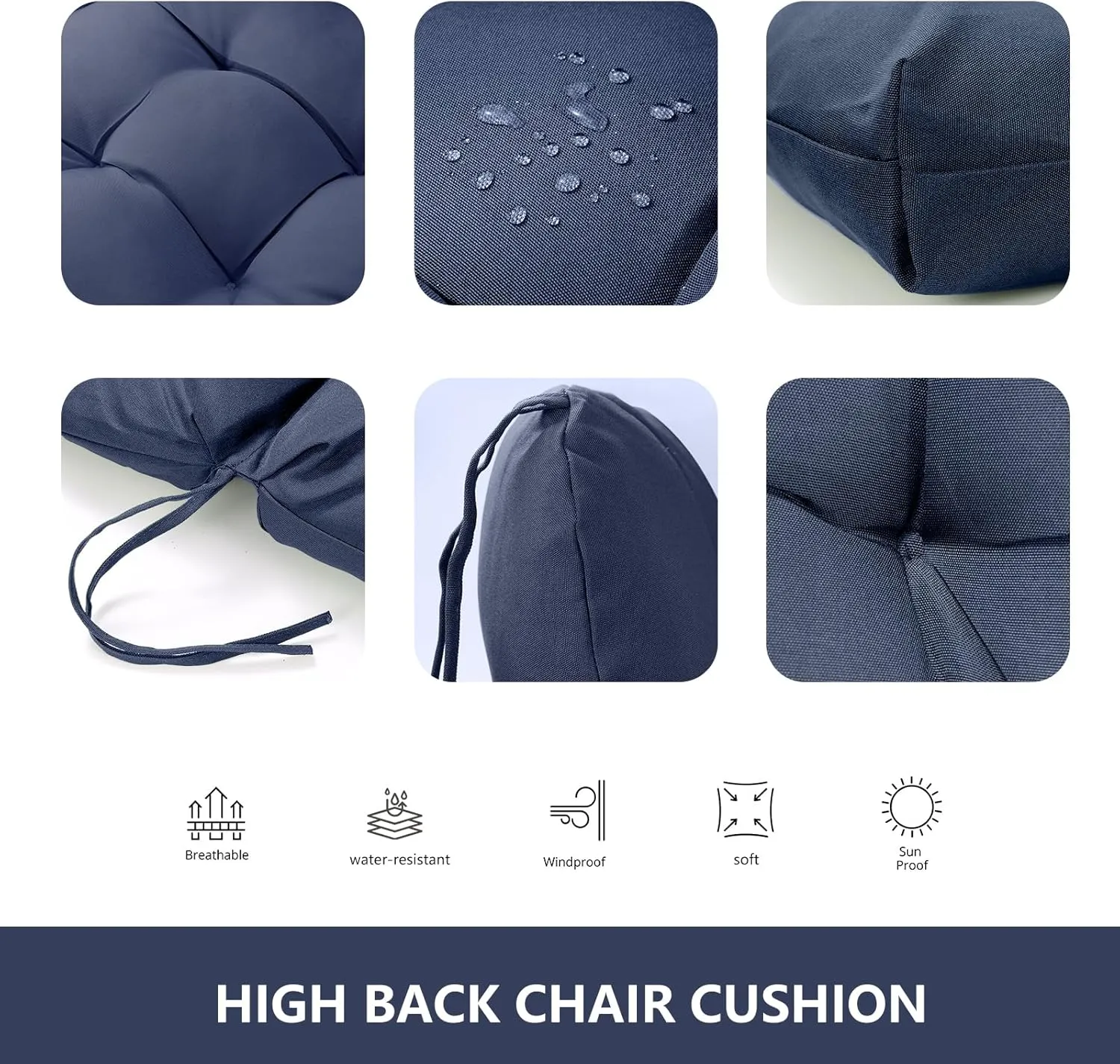 Rocking Chair Cushion Tufted Adirondack Chair Cushion Non-Slip High Back Patio Chair Cushions Water-Resistant UV-Proof Navy Blue Indoor & Outdoor Furniture Cushions for Chair