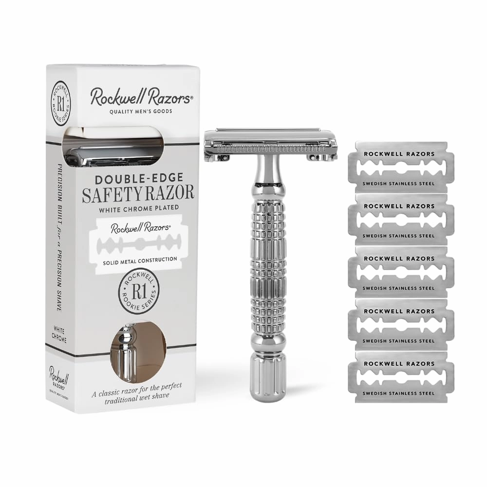 ROCKWELL RAZORS R1 Safety Razor in White Chrome Finish, Butterfly Open Mechanism with 5 Double Edge Blades