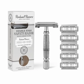 ROCKWELL RAZORS R1 Safety Razor in White Chrome Finish, Butterfly Open Mechanism with 5 Double Edge Blades