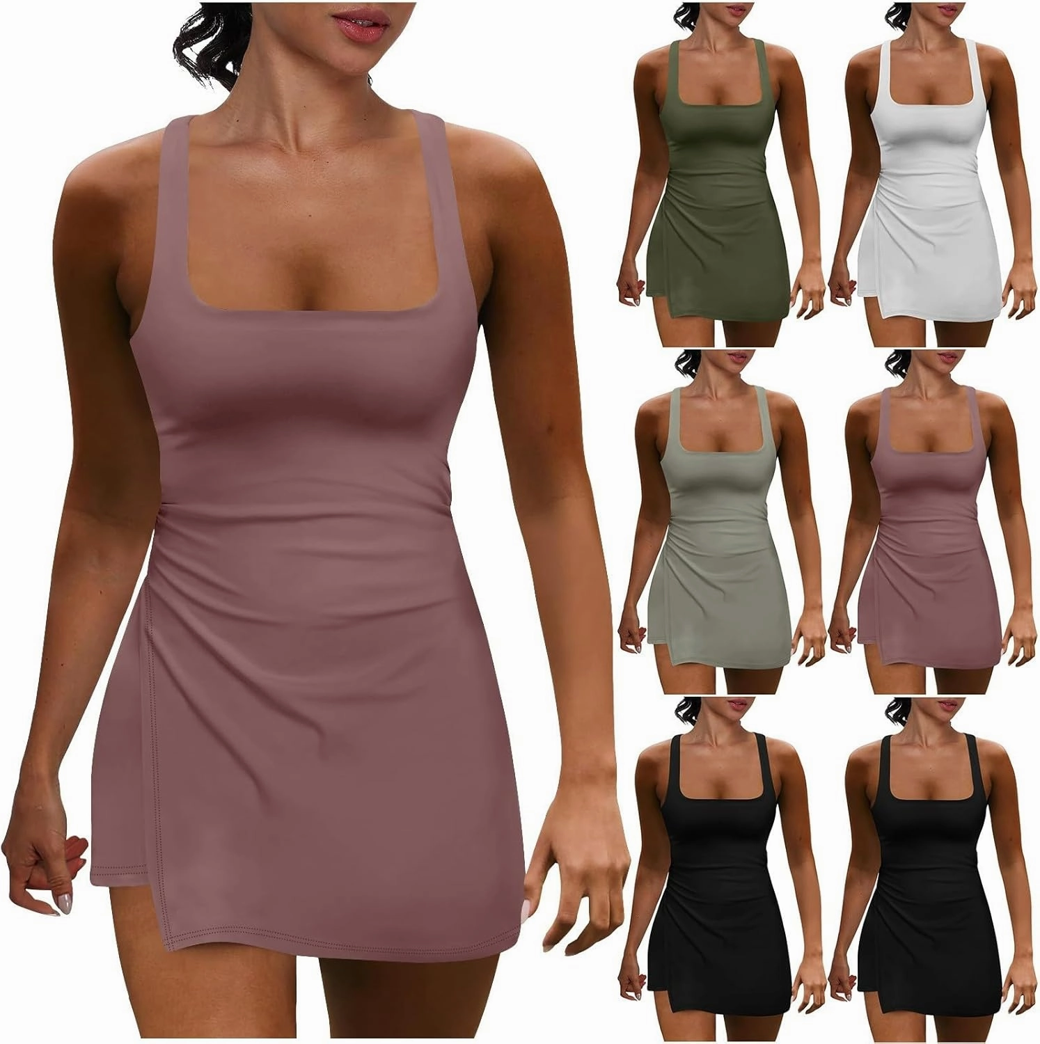 Romper Dress for Women Sleeveless Spaghetti Strap Rompers Square Neck Tennis Dress Workout Athletic Clothes