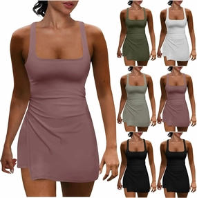 Romper Dress for Women Sleeveless Spaghetti Strap Rompers Square Neck Tennis Dress Workout Athletic Clothes