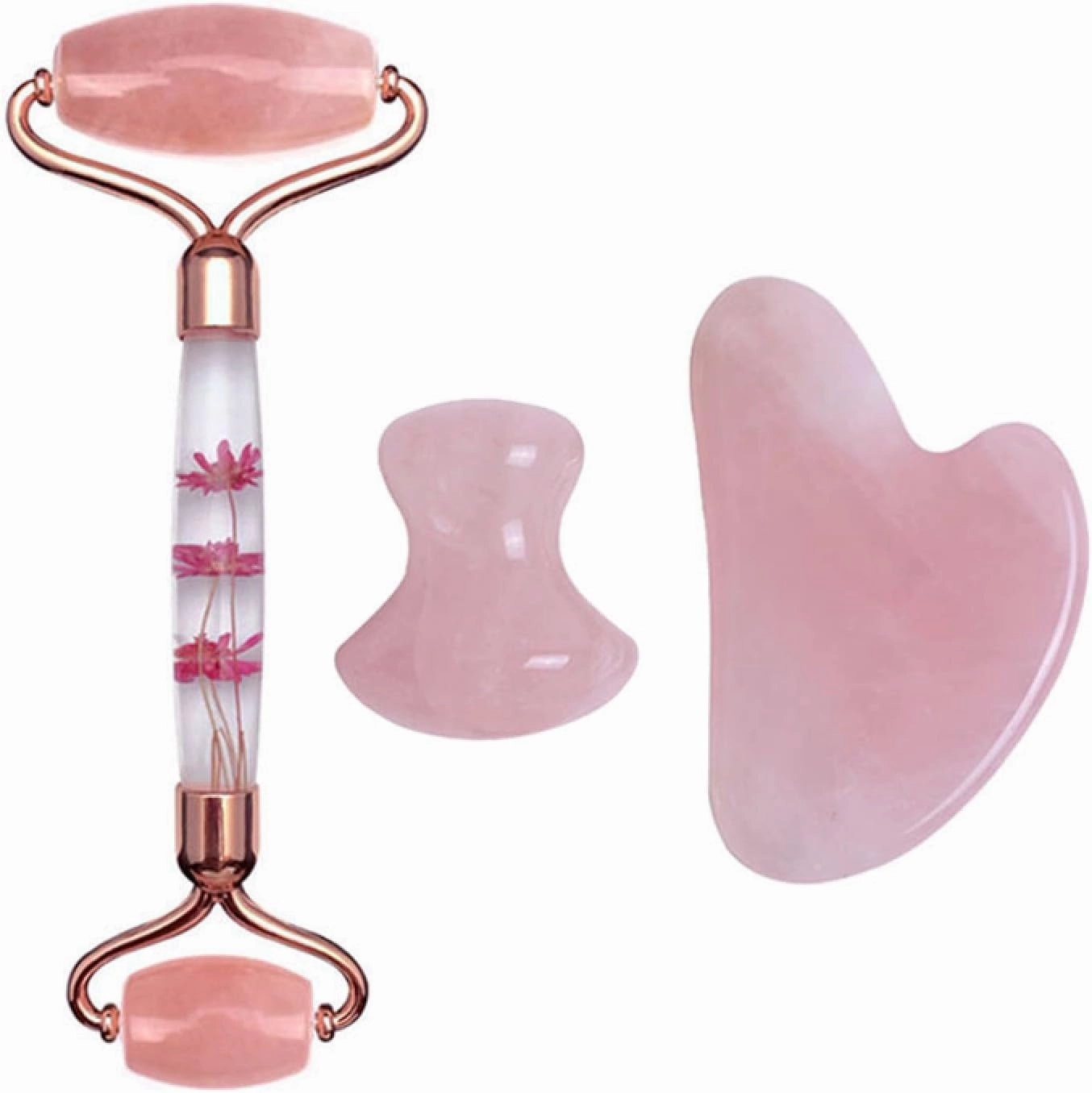 Rose Quartz Gouache Scraper Face Massage Jade Roller Set Natural Gouache Stone Facial Roller Jade,Type I