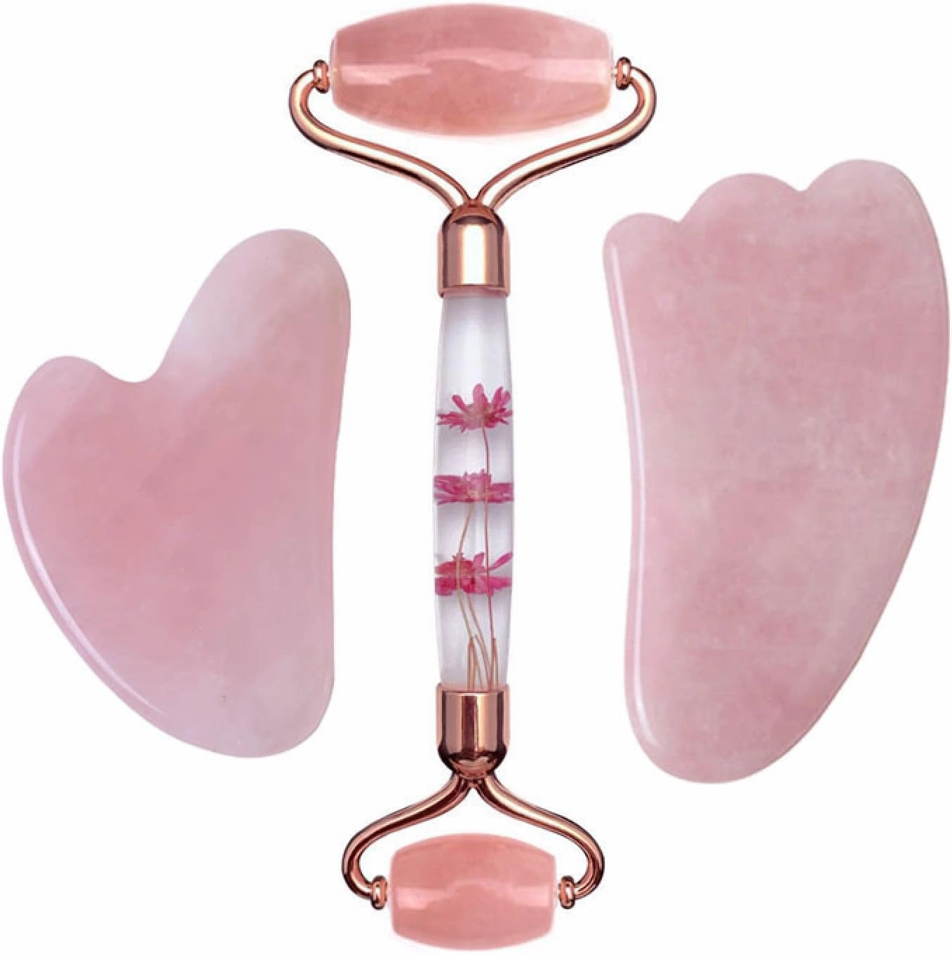 Rose Quartz Gouache Scraper Face Massage Jade Roller Set Natural Gouache Stone Facial Roller Jade,Type I