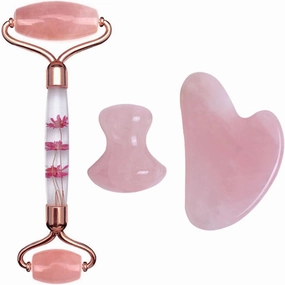 Rose Quartz Gouache Scraper Face Massage Jade Roller Set Natural Gouache Stone Facial Roller Jade,Type I