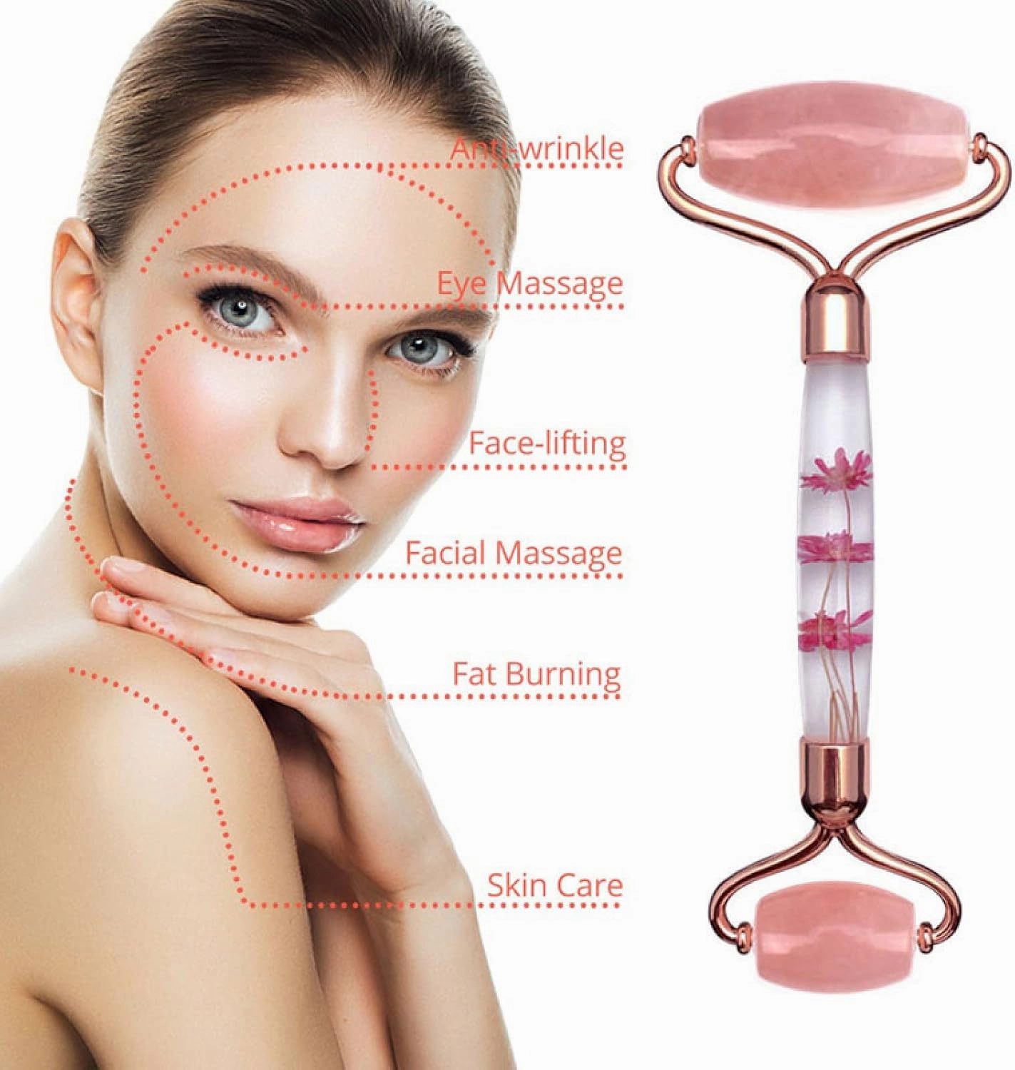 Rose Quartz Gouache Scraper Face Massage Jade Roller Set Natural Gouache Stone Facial Roller Jade,Type I