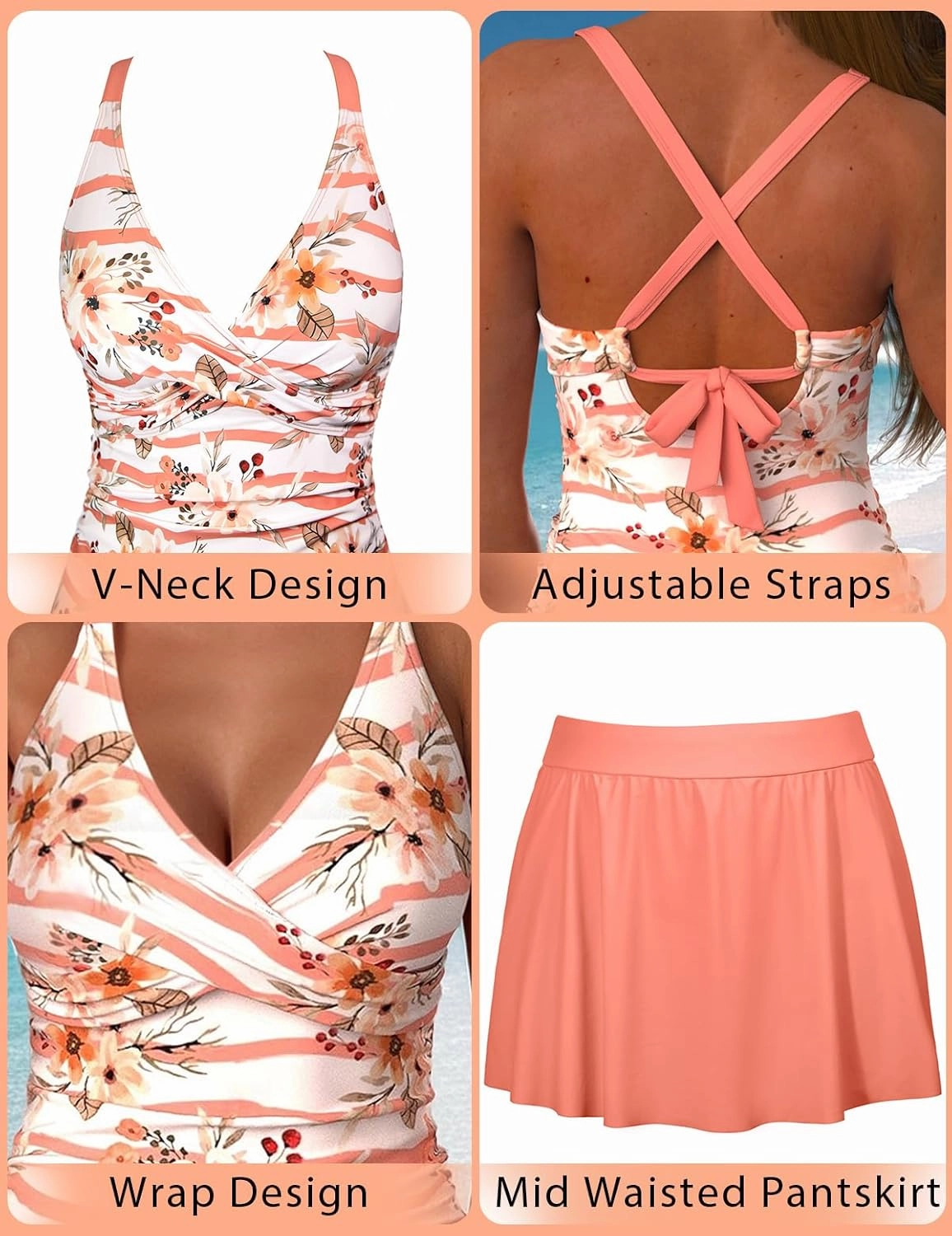 ROSEWE Two Piece Tankini Swimsuits for Women, Tummy Control Bathing Suit with Skirt, V-Neck Swimdress