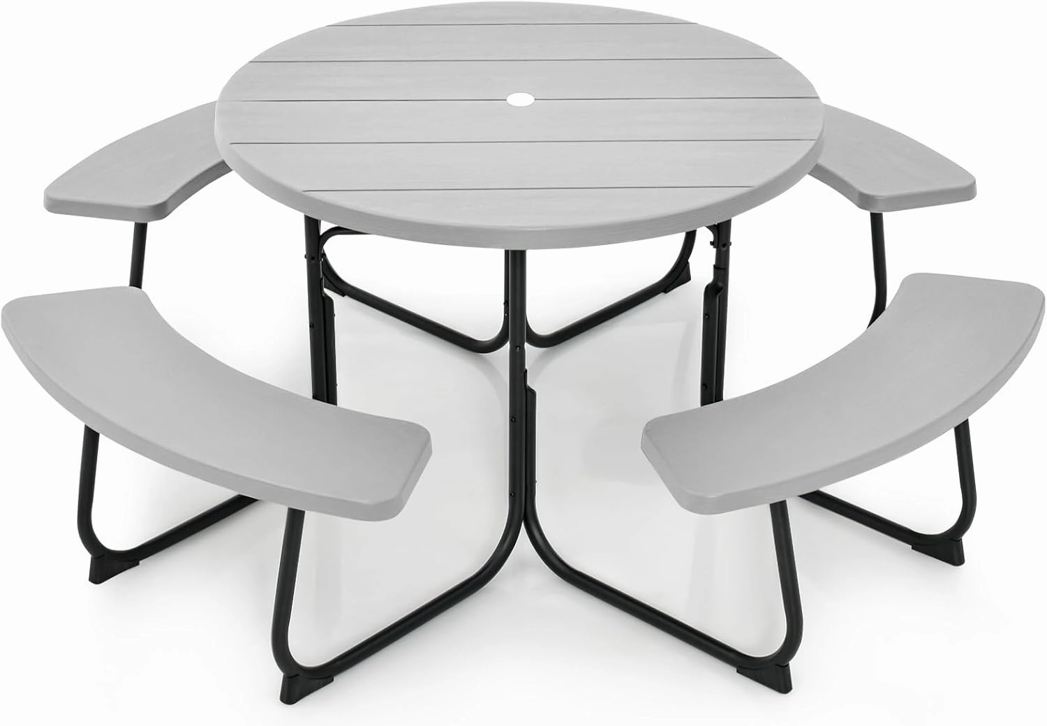 Round Picnic Table for Outdoors, 8 Person Outdoor Picnic Tables & Benches Set with Umbrella Hole, HDPE Tabletop & Metal Frame, 2000 LBS Capacity Table Bench Set for BBQ, Garden, Lawn, Patio
