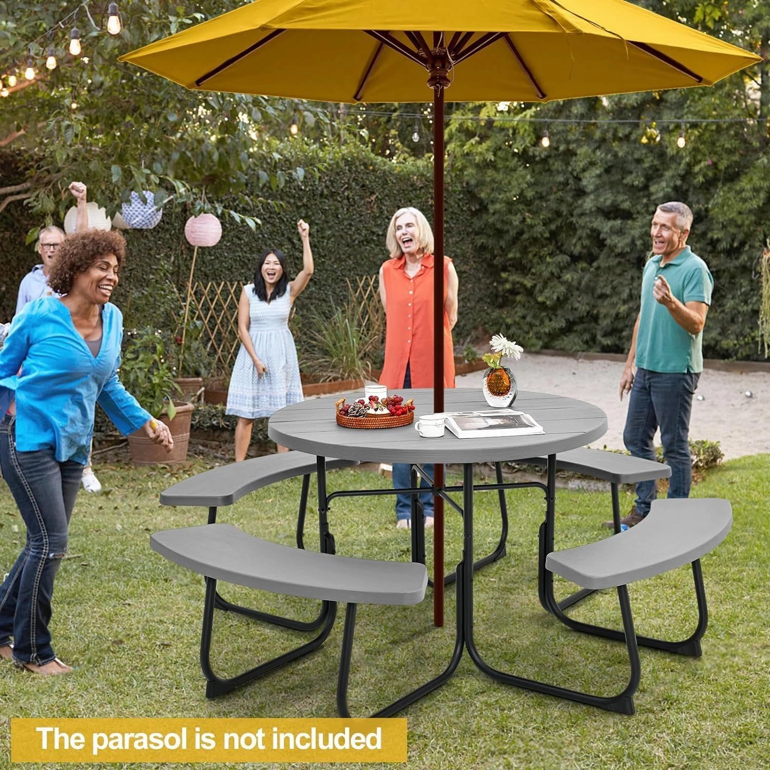 Round Picnic Table for Outdoors, 8 Person Outdoor Picnic Tables & Benches Set with Umbrella Hole, HDPE Tabletop & Metal Frame, 2000 LBS Capacity Table Bench Set for BBQ, Garden, Lawn, Patio