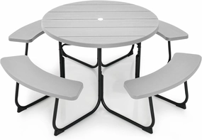 Round Picnic Table for Outdoors, 8 Person Outdoor Picnic Tables & Benches Set with Umbrella Hole, HDPE Tabletop & Metal Frame, 2000 LBS Capacity Table Bench Set for BBQ, Garden, Lawn, Patio