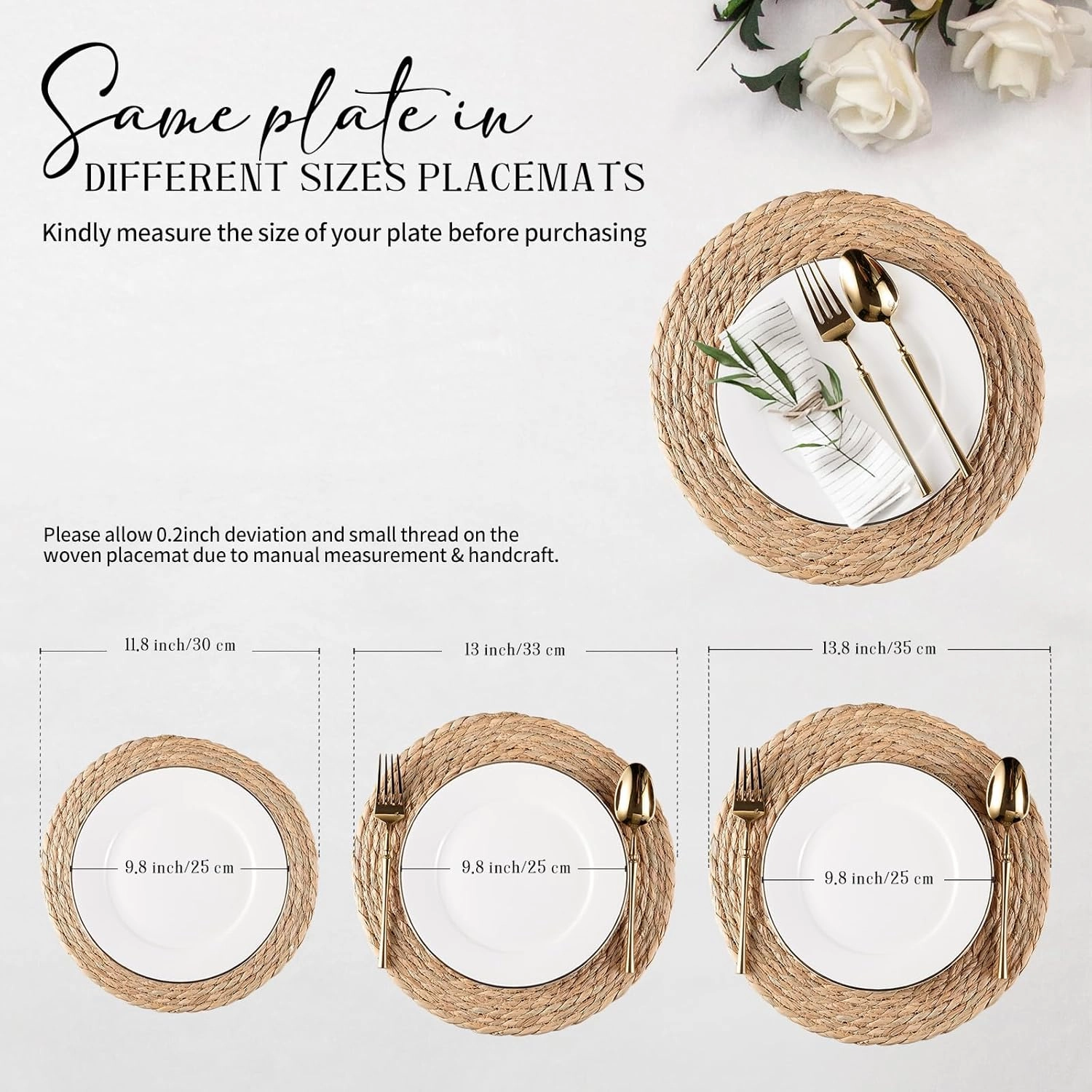 Round Woven Placemats Set of 6, Natural Water Hyacinth Place mats, 12 inch Rattan Placemats Wicker Placemats Farmhouse Boho Braided Heat Resistant Outdoor Placemat Patio Table Place Mats