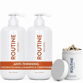 Routine Wellness Anti-Thinning Coconut & Vanilla Shampoo and Conditioner Set for Thinning Hair & Biotin Advanced Hair Supplement