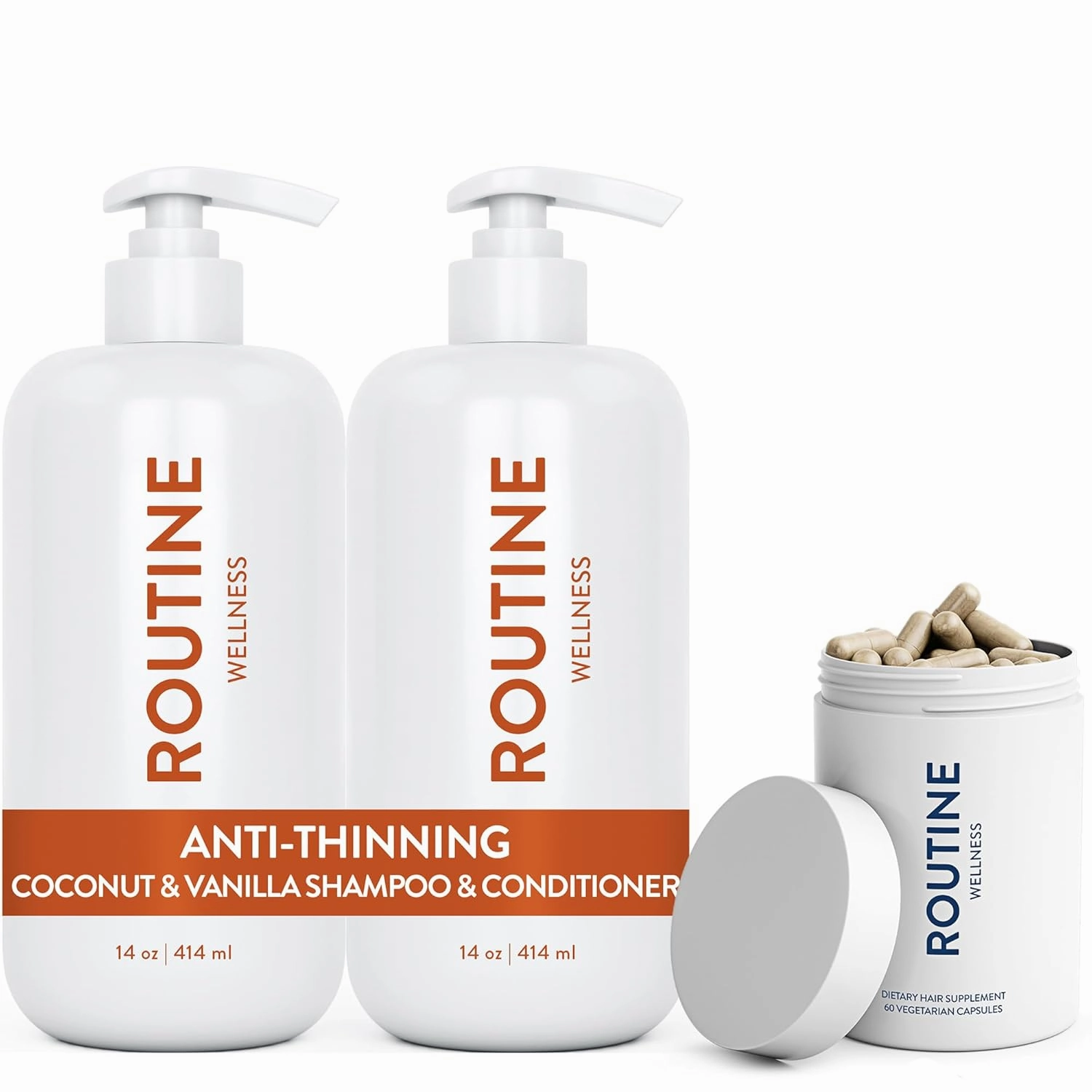 Routine Wellness Anti-Thinning Coconut & Vanilla Shampoo and Conditioner Set for Thinning Hair & Biotin Advanced Hair Supplement