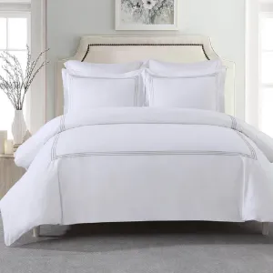Royal Hotel Bedding Embroidered Adeline 3 Piece Comforter Cover with Pillow Shams, Duvet Cover Set, 100% Cotton Percale, Full/Queen Size, Gray