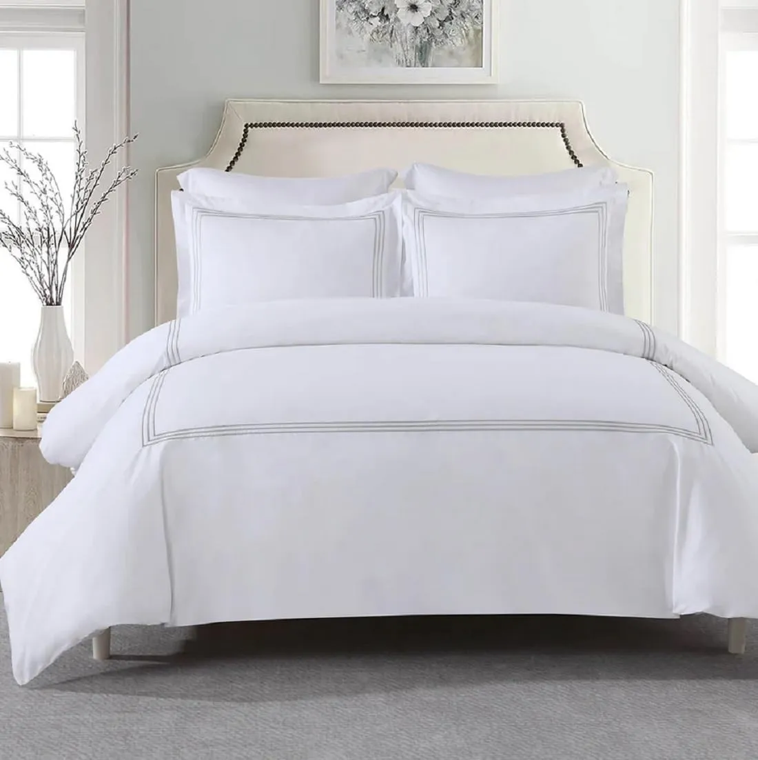 Royal Hotel Bedding Embroidered Adeline 3 Piece Comforter Cover with Pillow Shams, Duvet Cover Set, 100% Cotton Percale, Full/Queen Size, Gray
