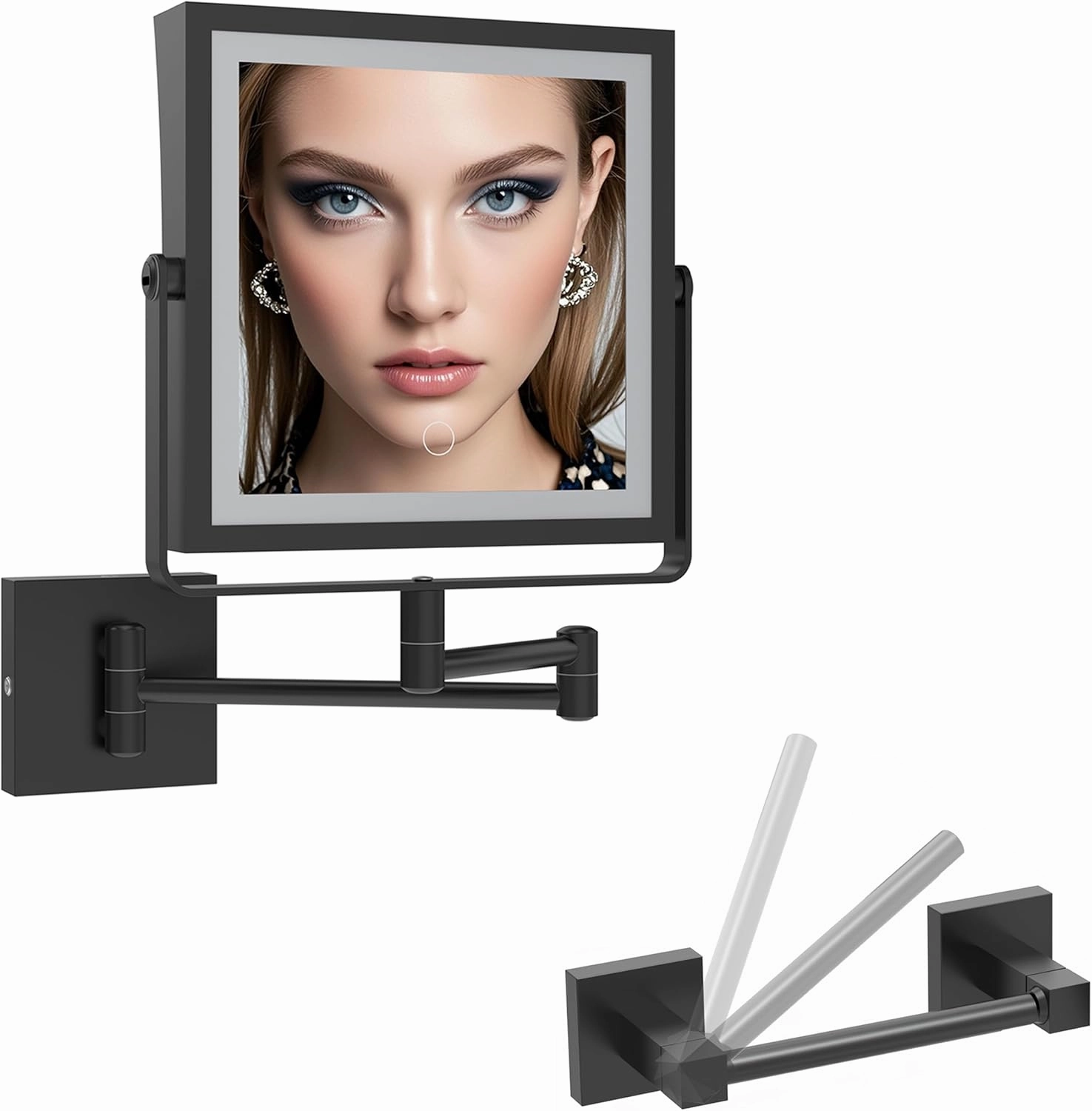 Ruacq Rechargeable Wall Mounted Makeup Mirror with Lights, Toilet Paper Holder Wall Mounted, Square Base 2pcs Bathroom Hardware Set, Stainless Steel (Matte Black)