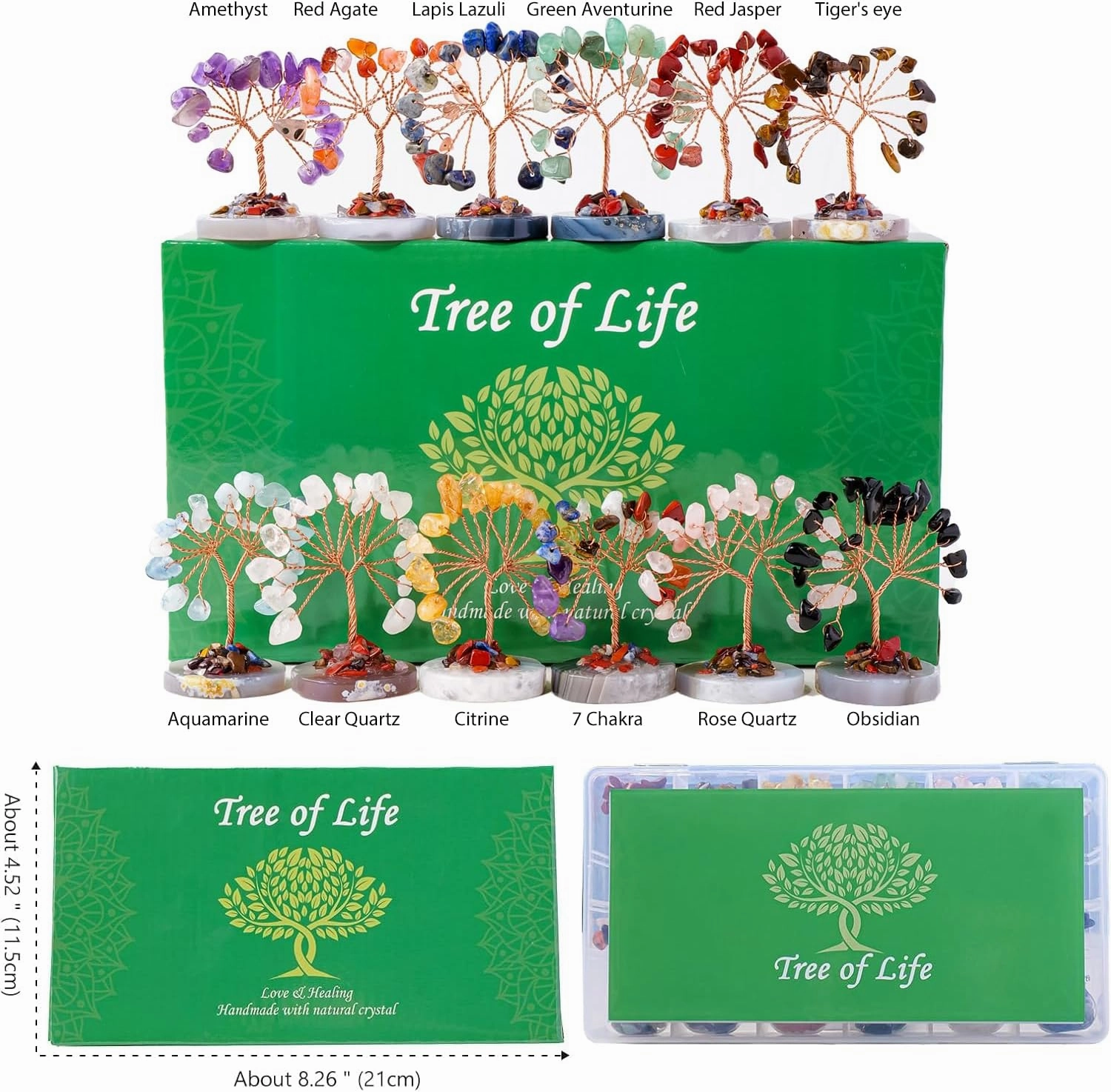 Runyangshi 12pcs Crystal Tree Set Tree of Life Natural Crystal Healing Stones with Agate Base Gemstone Trees Fengshui Good Luck Positive Energy Home Decor