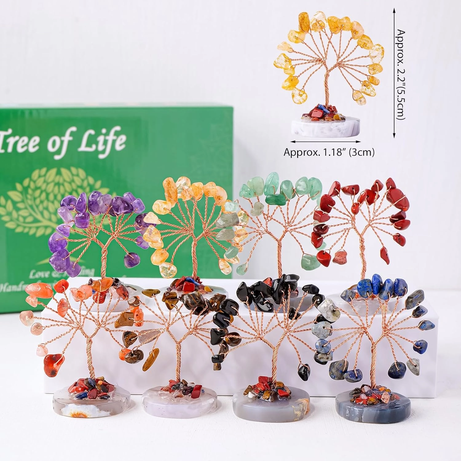 Runyangshi 12pcs Crystal Tree Set Tree of Life Natural Crystal Healing Stones with Agate Base Gemstone Trees Fengshui Good Luck Positive Energy Home Decor