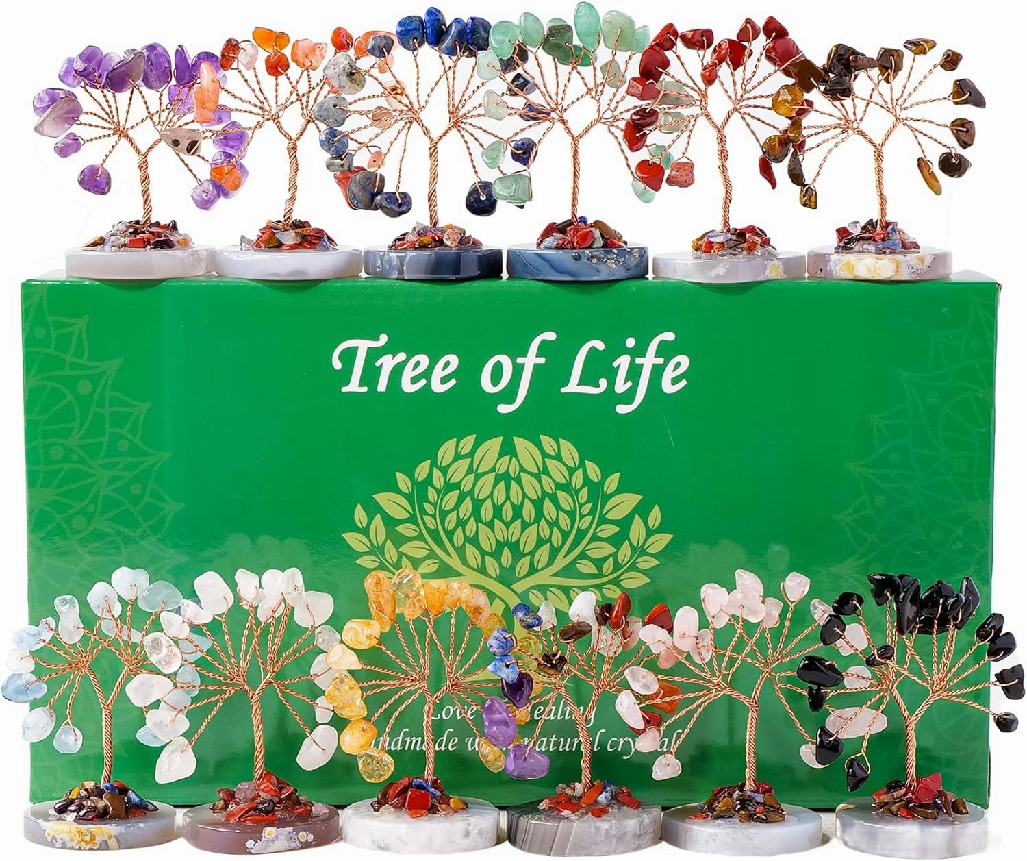 Runyangshi 12pcs Crystal Tree Set Tree of Life Natural Crystal Healing Stones with Agate Base Gemstone Trees Fengshui Good Luck Positive Energy Home Decor