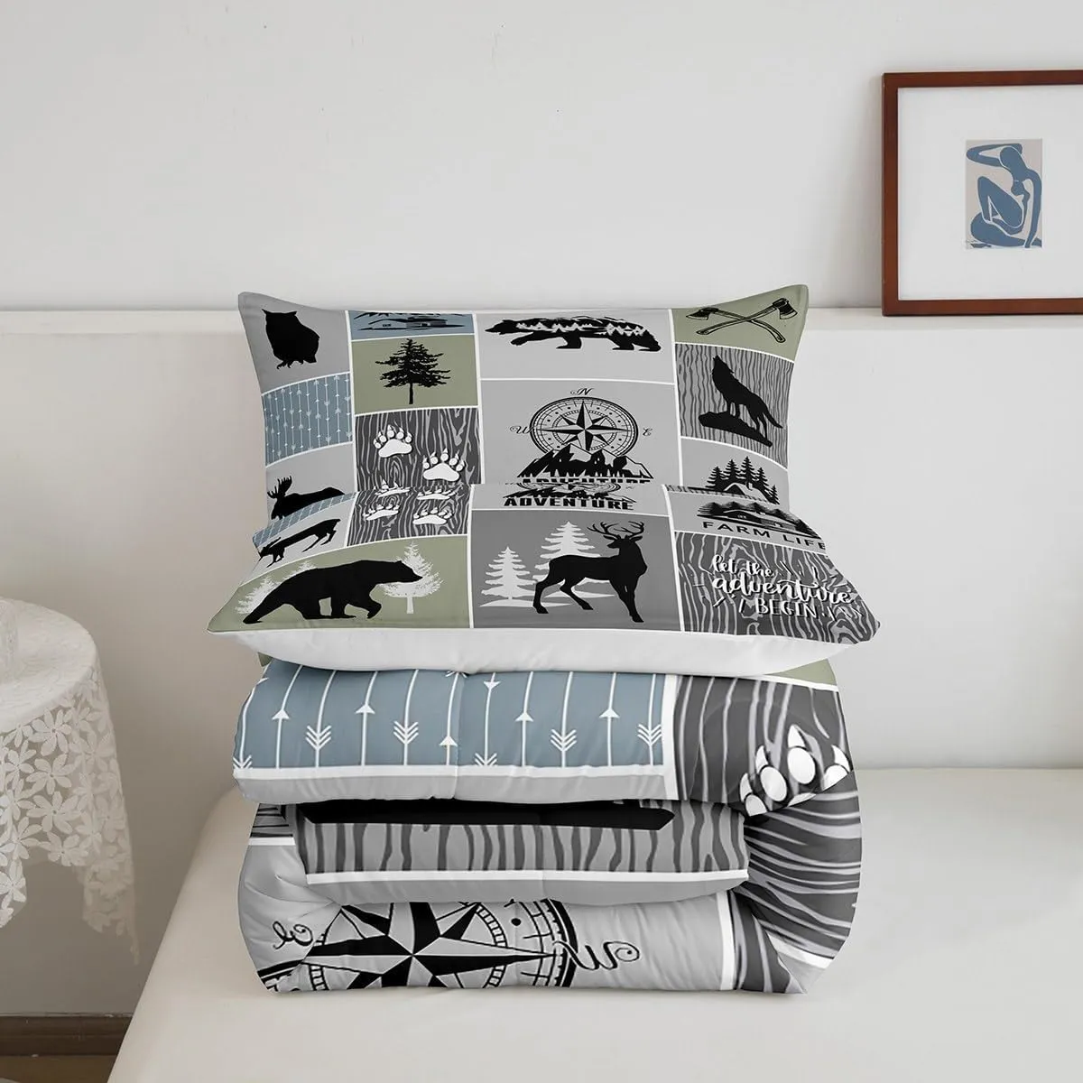 Rustic Farmhouse Cabin Kids Comforter Set King Size,Deer Bear Hunting Adventure Bedding Set for Boys Girls Adults Room Decor,Geometric Plaids Down Comforter,Gray Green Duvet Insert,2 Pillowcases