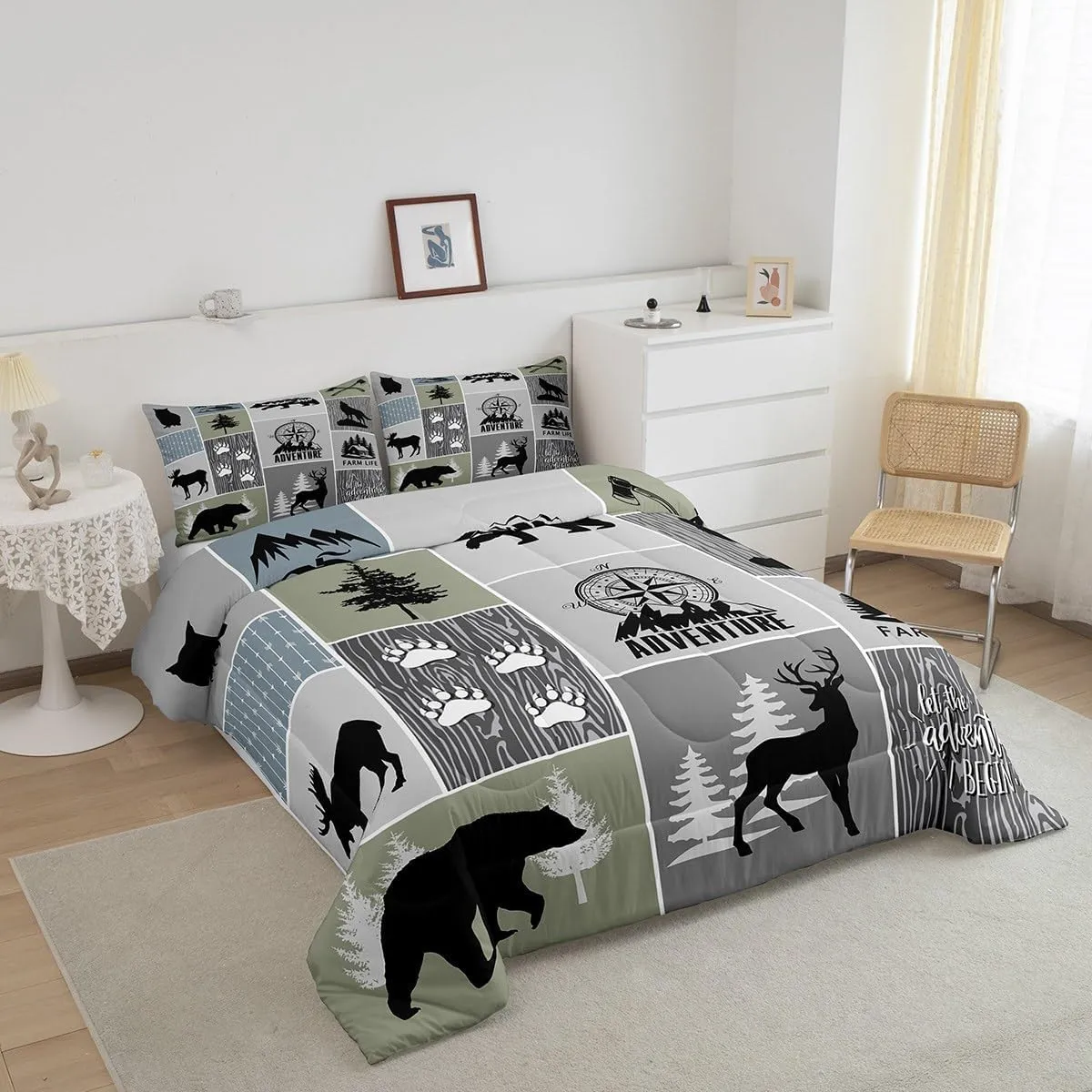 Rustic Farmhouse Cabin Kids Comforter Set King Size,Deer Bear Hunting Adventure Bedding Set for Boys Girls Adults Room Decor,Geometric Plaids Down Comforter,Gray Green Duvet Insert,2 Pillowcases