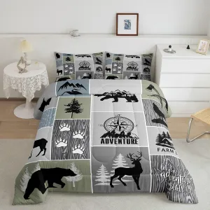 Rustic Farmhouse Cabin Kids Comforter Set King Size,Deer Bear Hunting Adventure Bedding Set for Boys Girls Adults Room Decor,Geometric Plaids Down Comforter,Gray Green Duvet Insert,2 Pillowcases
