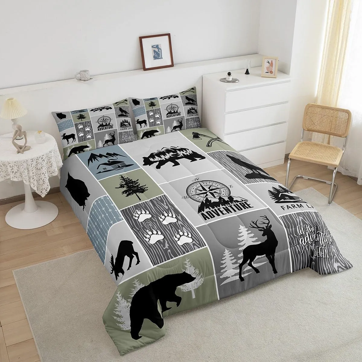 Rustic Farmhouse Cabin Kids Comforter Set King Size,Deer Bear Hunting Adventure Bedding Set for Boys Girls Adults Room Decor,Geometric Plaids Down Comforter,Gray Green Duvet Insert,2 Pillowcases