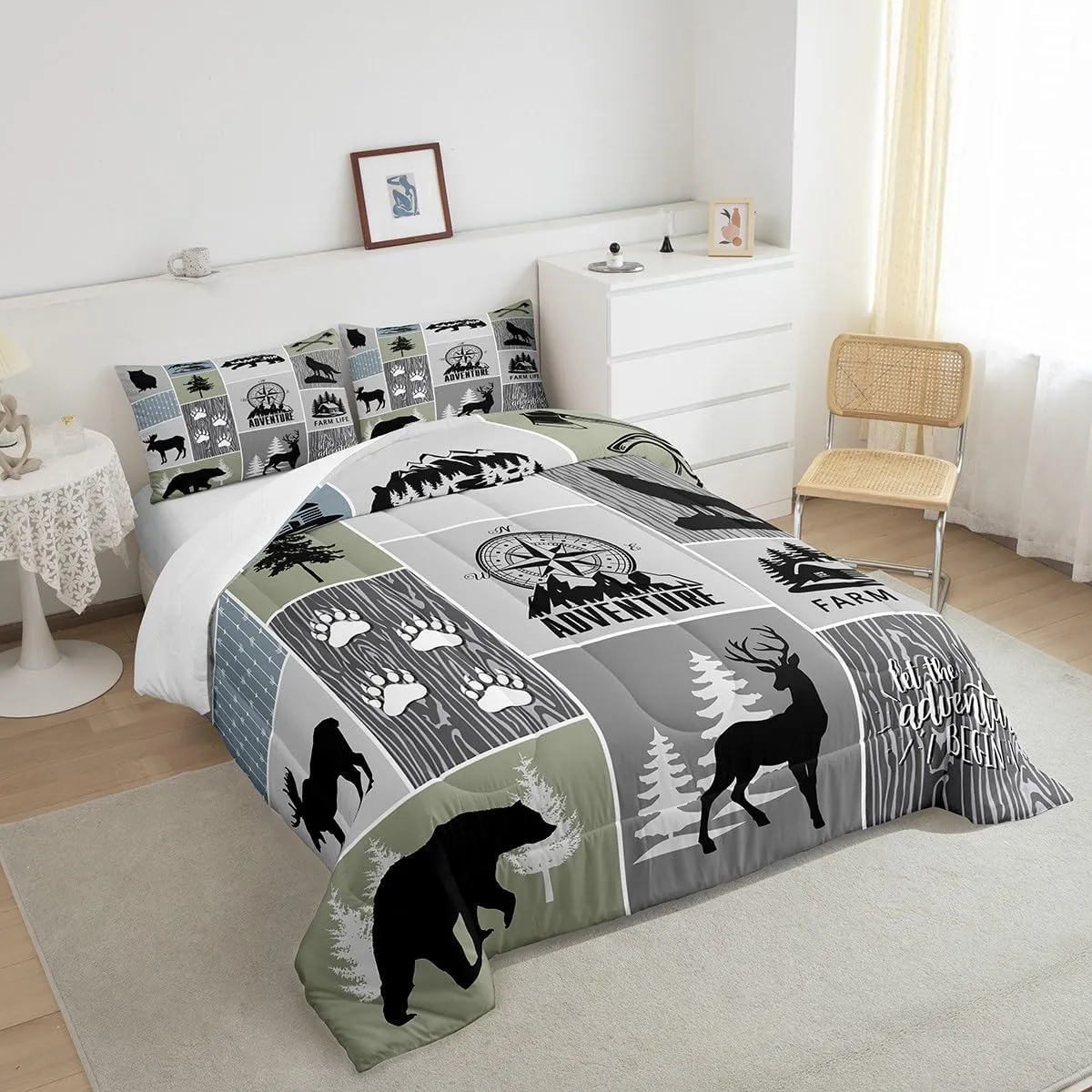 Rustic Farmhouse Cabin Kids Comforter Set King Size,Deer Bear Hunting Adventure Bedding Set for Boys Girls Adults Room Decor,Geometric Plaids Down Comforter,Gray Green Duvet Insert,2 Pillowcases