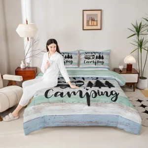 RV Camper Comforter 3 Pieces,Happy Camping Duvet Set for Boys Kids Teens Rustic Farmhouse Style Bedding,Black Sketch Drawing Bedding Comforters Vintage Old Barn Door Inner Fill,Queen Size