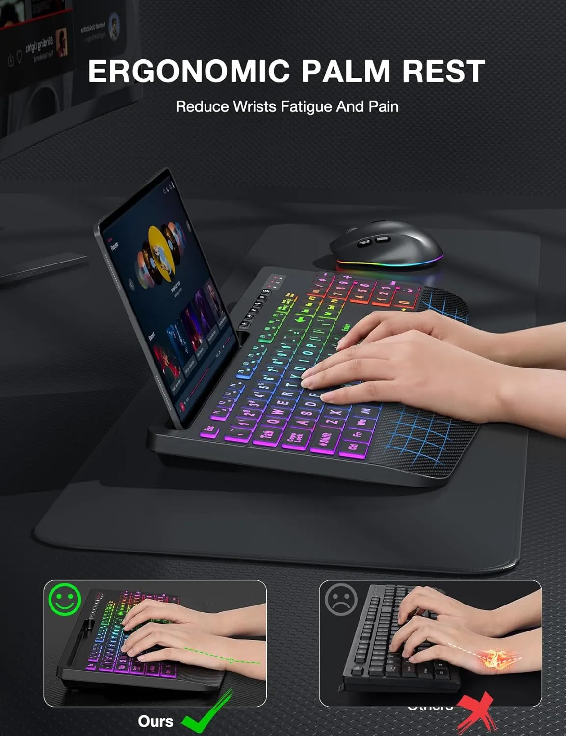 SABLUTE Wireless Keyboard and Mouse Combo, 9 Backlit Effects, Large Print, Wrist Rest, Phone Holder, 2.4G Lag-Free Ergonomic Keyboards, Rechargeable Easy to See Cordless Set for Computer, Laptop, PC