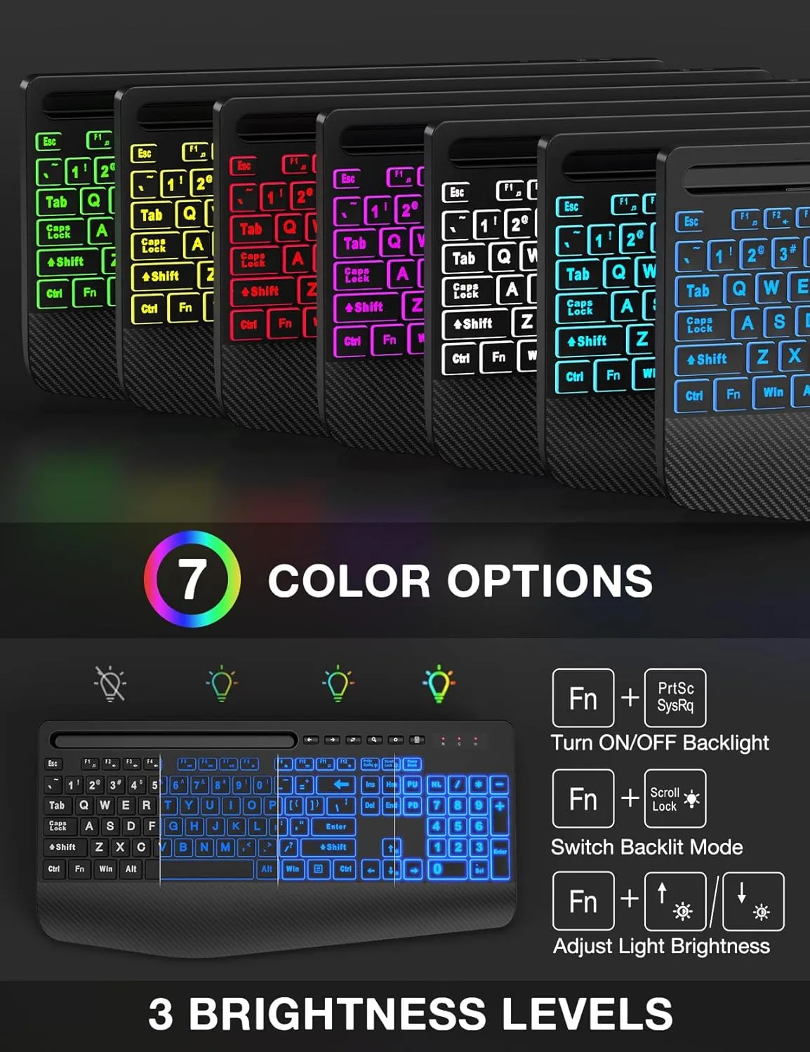 SABLUTE Wireless Keyboard and Mouse Combo, 9 Backlit Effects, Large Print, Wrist Rest, Phone Holder, 2.4G Lag-Free Ergonomic Keyboards, Rechargeable Easy to See Cordless Set for Computer, Laptop, PC