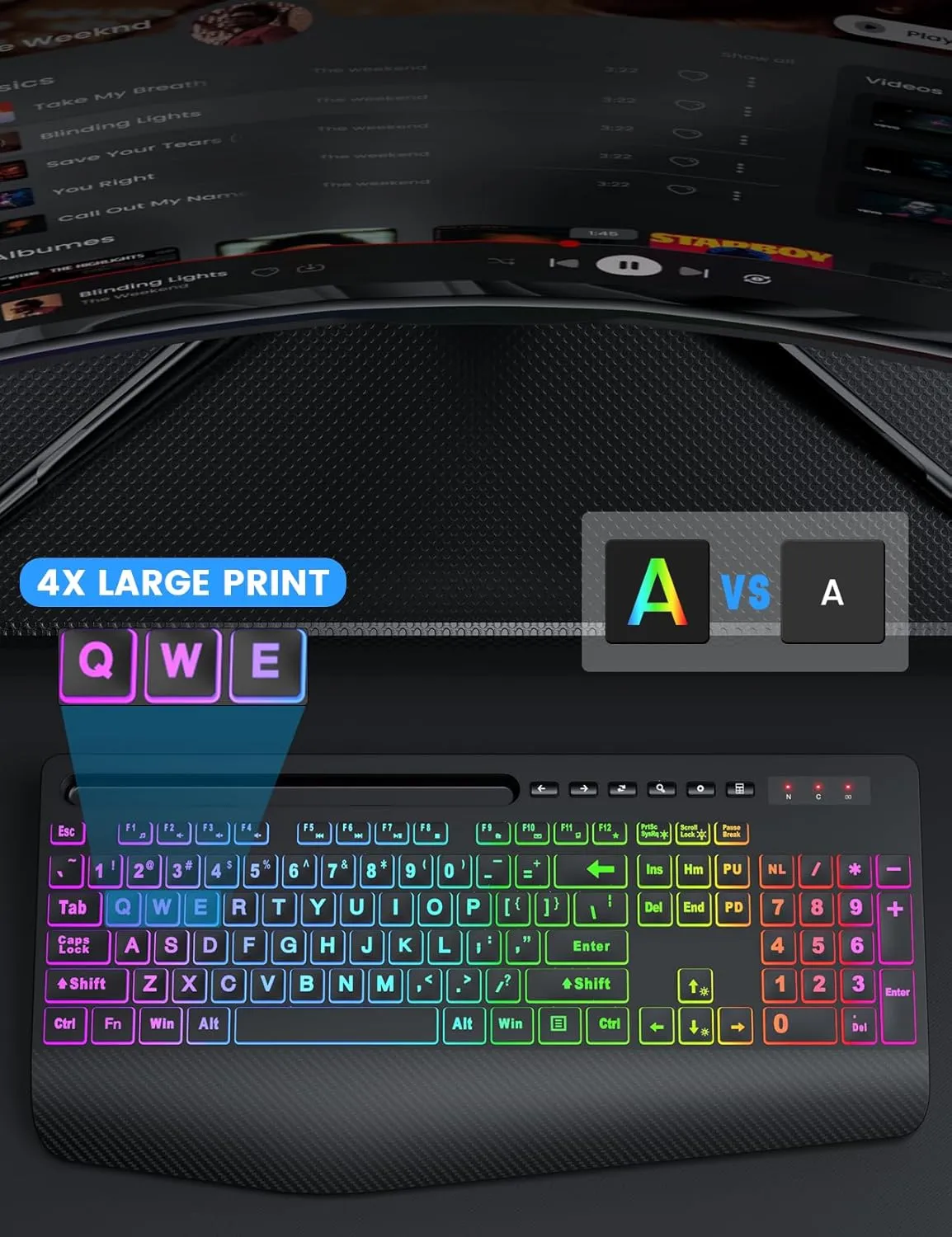 SABLUTE Wireless Keyboard and Mouse Combo, 9 Backlit Effects, Large Print, Wrist Rest, Phone Holder, 2.4G Lag-Free Ergonomic Keyboards, Rechargeable Easy to See Cordless Set for Computer, Laptop, PC