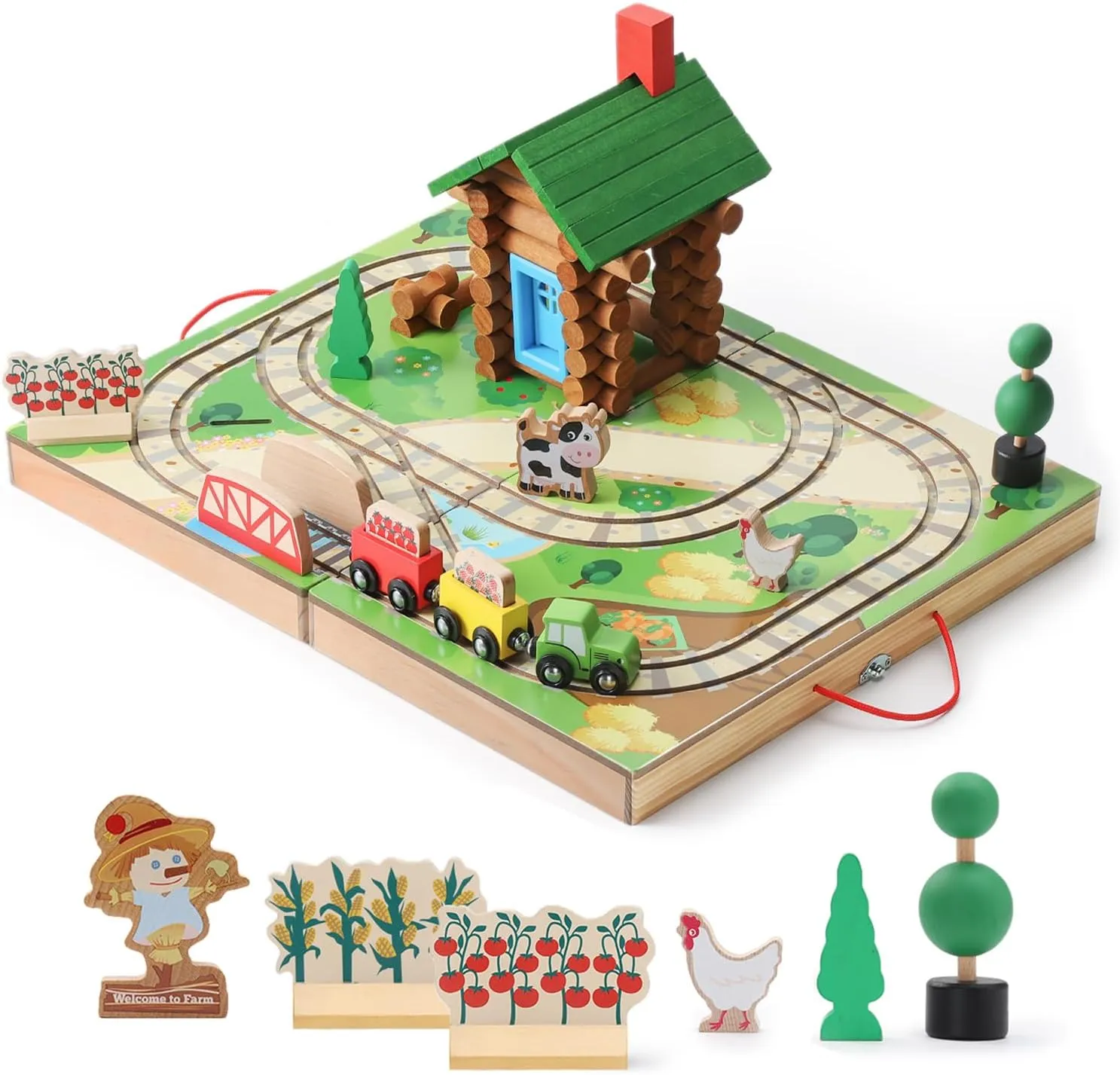 SainSmart Jr. Train Set for Toddlers, Portable Farm Log Cabin 78 PCS, Take-Along Tabletop Railroad with Building Block for Toddlers and Kids Ages 3 