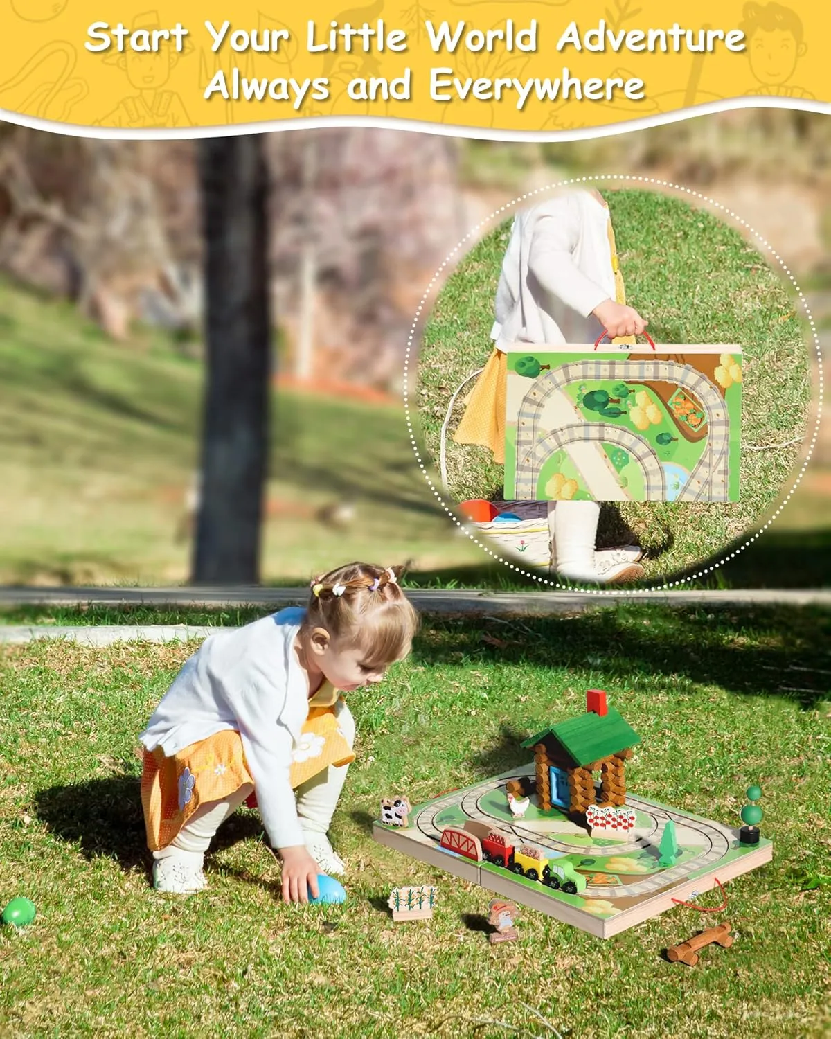 SainSmart Jr. Train Set for Toddlers, Portable Farm Log Cabin 78 PCS, Take-Along Tabletop Railroad with Building Block for Toddlers and Kids Ages 3 