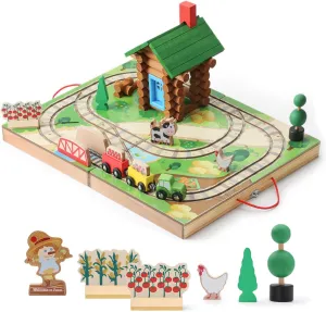 SainSmart Jr. Train Set for Toddlers, Portable Farm Log Cabin 78 PCS, Take-Along Tabletop Railroad with Building Block for Toddlers and Kids Ages 3 