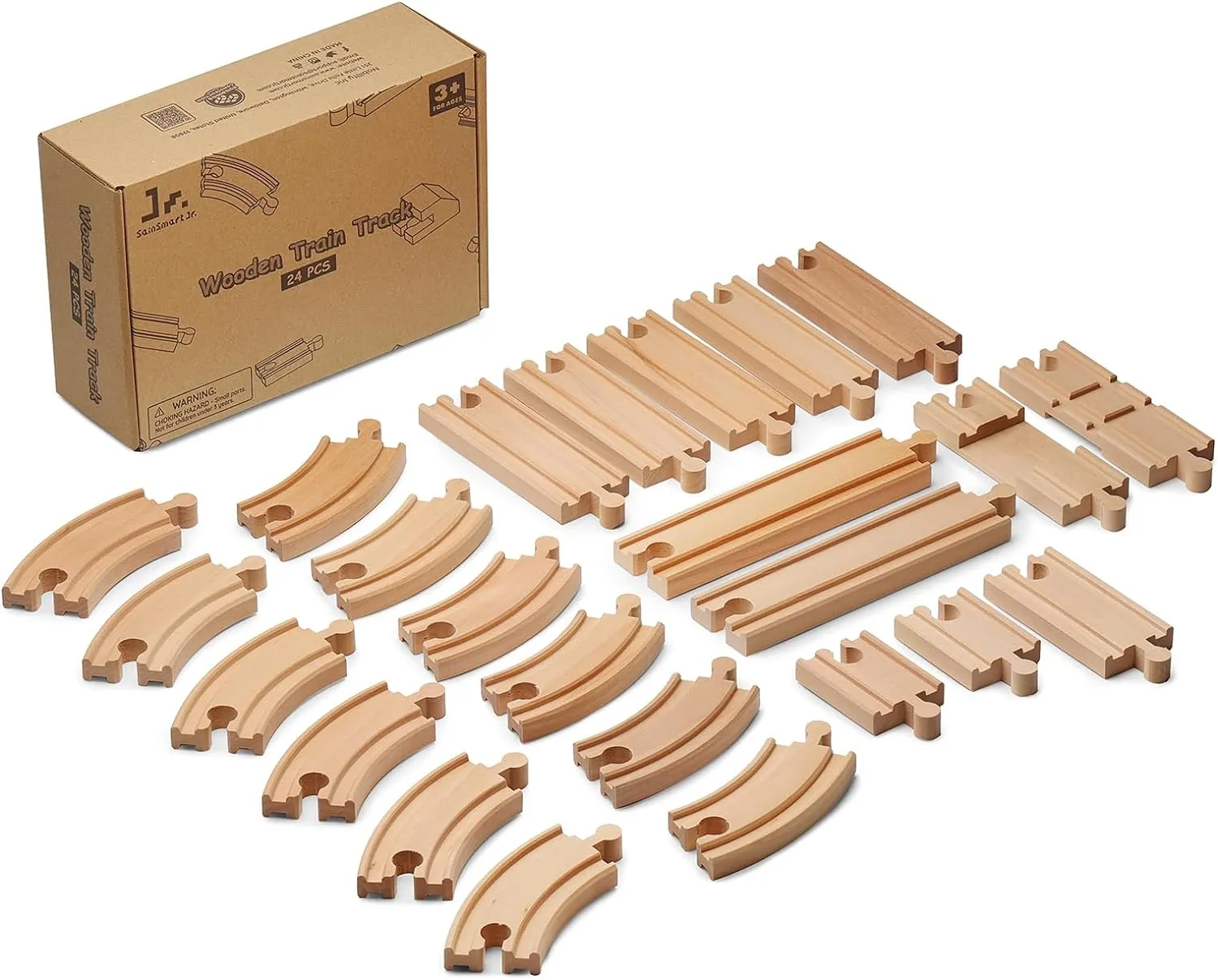 SainSmart Jr. Wooden Train Track 24pcs, Track Expansion Compatible with All Major Brands Toddler Railway Toy Train Set Boys Train Set 3 