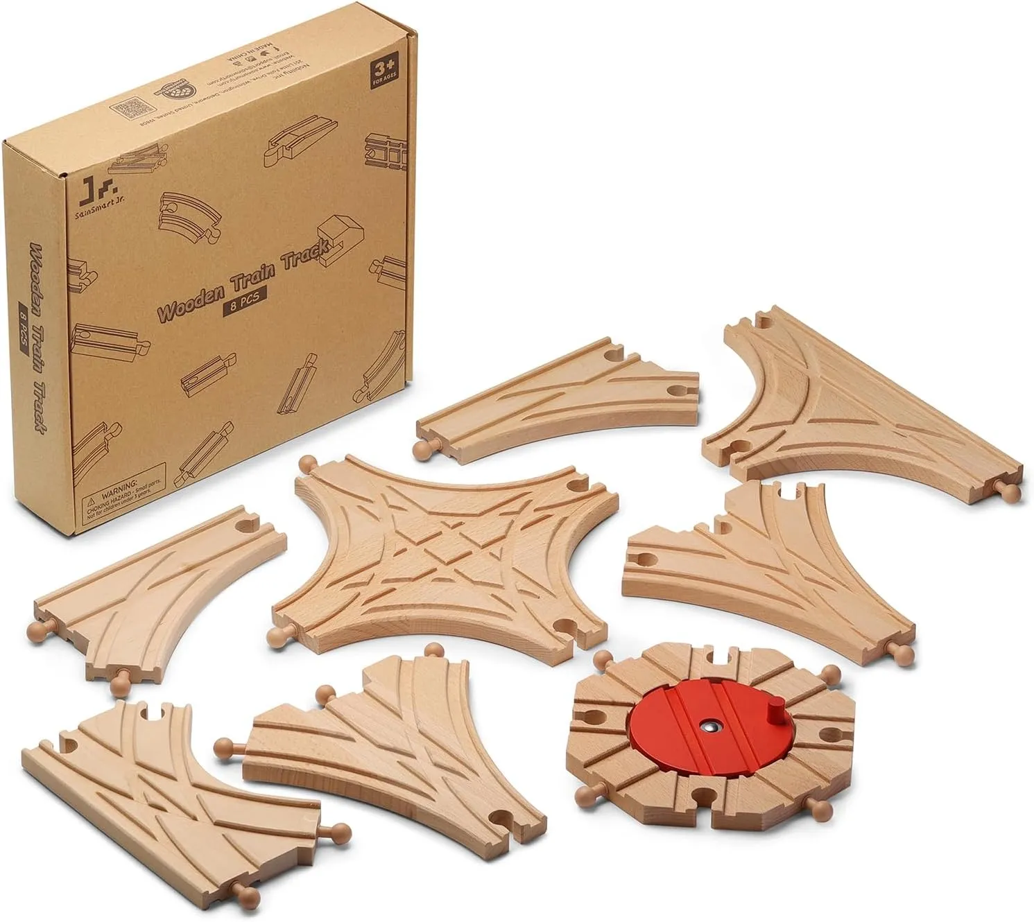 SainSmart Jr. Wooden Train Track 8pcs, Track Expansion Compatible with All Major Brands Toddler Railway Toy Train Set Boys Train Set 3 