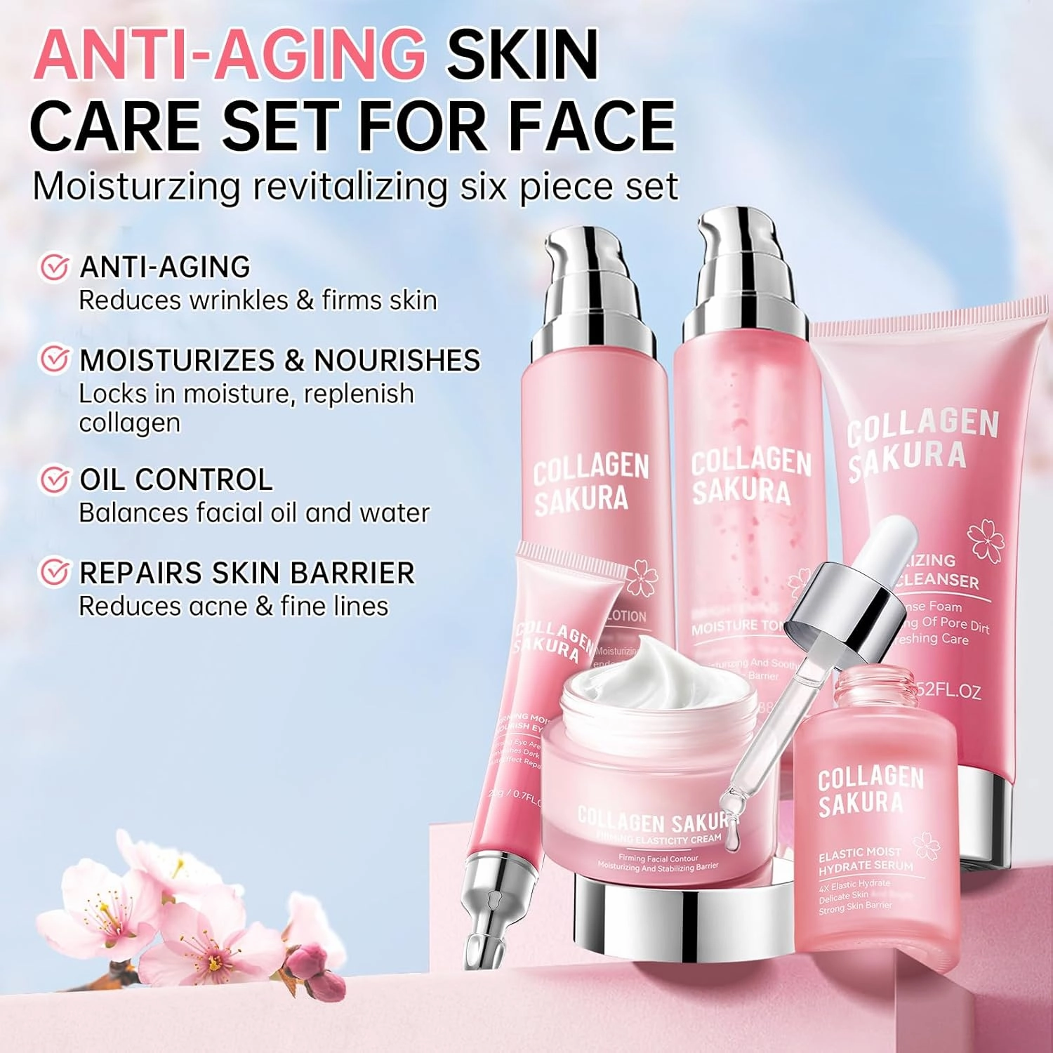 Sakura Skin Care Set, Cherry Blossom Skincare Set for Teen Girls, Hydrate & Repair Skin, 6 Pcs Individually Packaged Collagen Skin Care Kits with Cleanser, Toner, Lotion, Serum, Cream & Eye Cream