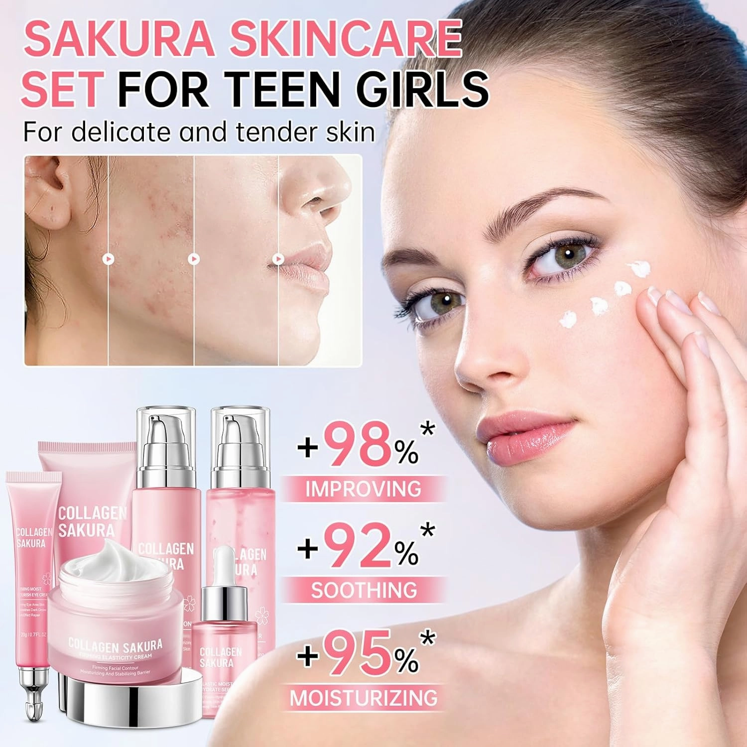 Sakura Skin Care Set, Cherry Blossom Skincare Set for Teen Girls, Hydrate & Repair Skin, 6 Pcs Individually Packaged Collagen Skin Care Kits with Cleanser, Toner, Lotion, Serum, Cream & Eye Cream