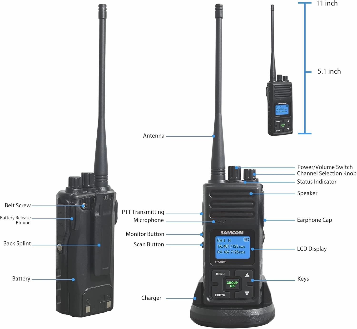 SAMCOM Two Way Radios Long Range Rechargeable, Heavy Duty 2-Way Radio for Adults,5 Watt High Power Walkie Talkie FPCN30A Battery/Group Call Function (Black 1 pcs)