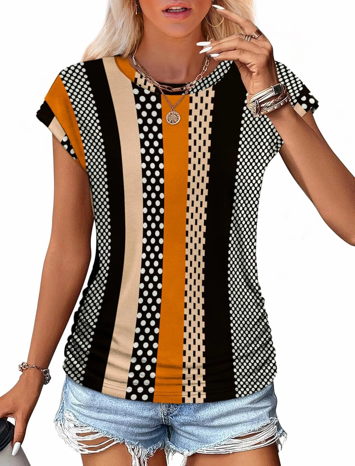 SAMPEEL Womens Summer Tops Trendy 2025 Ruched Cap Short Sleeve Tshirts Shirts Crew Neck T Shirts Fashion